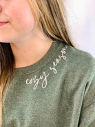 *Pre-Order* Cozy Season Collar Design Crewneck - Heathered Olive-150 Sweatshirts-The Lovely Closet-The Lovely Closet, Women's Fashion Boutique in Alexandria, KY