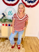 Red and White Knit Sweater Top-100 Short Sleeve Tops-Blu Pepper-The Lovely Closet, Women's Fashion Boutique in Alexandria, KY