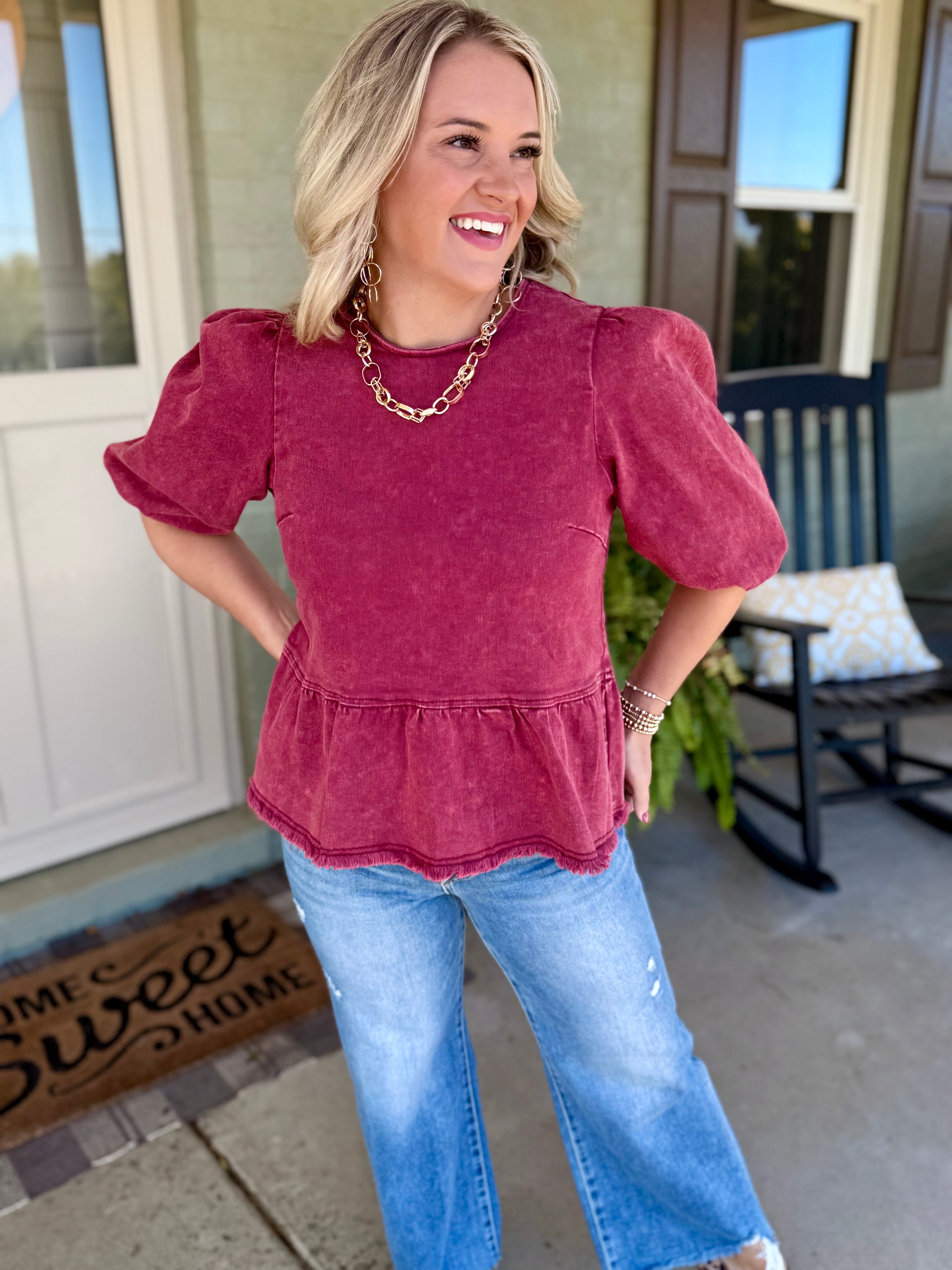 Cider & Cinnamon Washed Denim Top - Garnet-100 Short Sleeve Tops-Anniewear-The Lovely Closet, Women's Fashion Boutique in Alexandria, KY