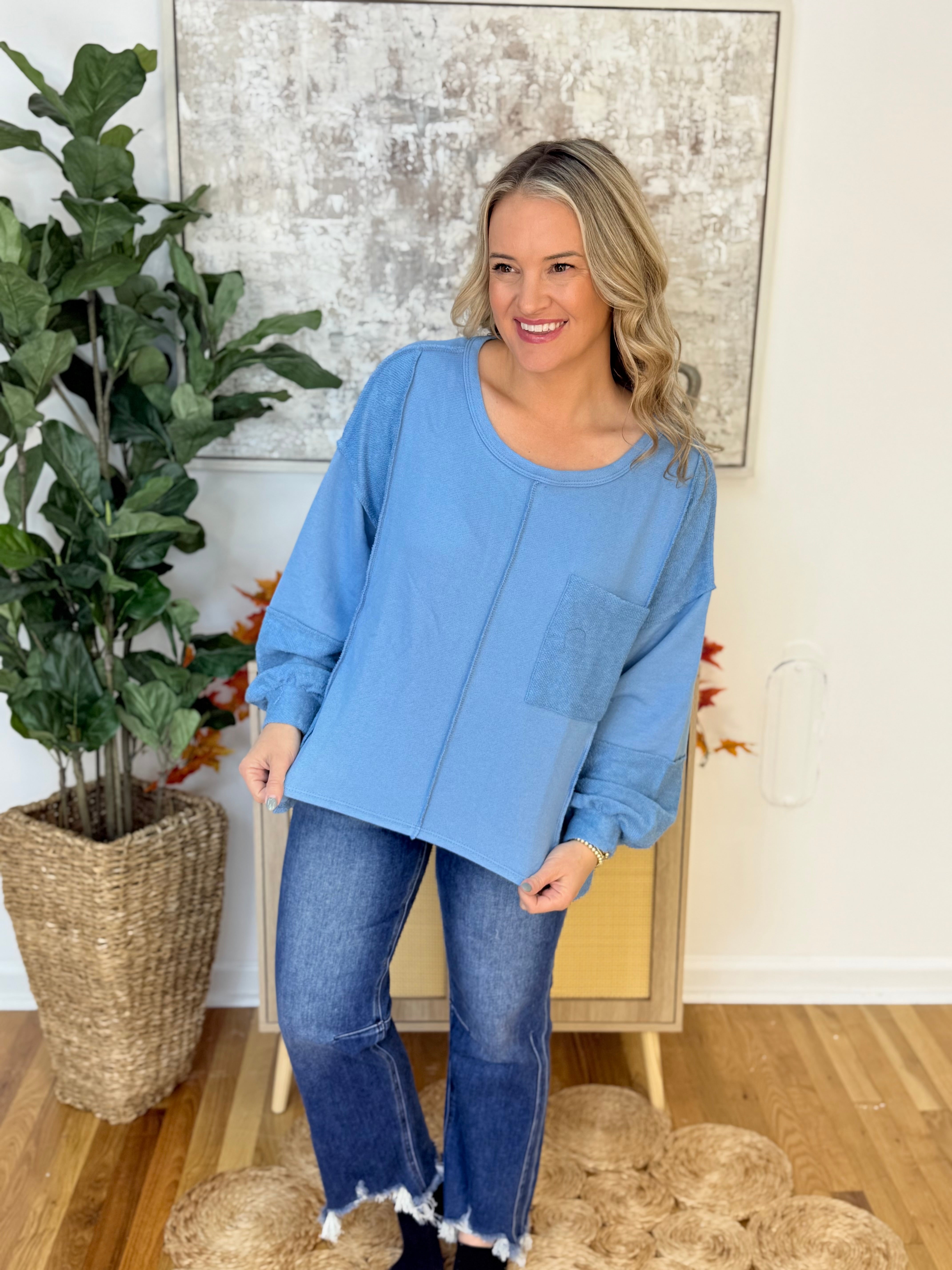 Cotton French Terry Detail Top- Blue-110 Long Sleeve Top-bibi-The Lovely Closet, Women's Fashion Boutique in Alexandria, KY