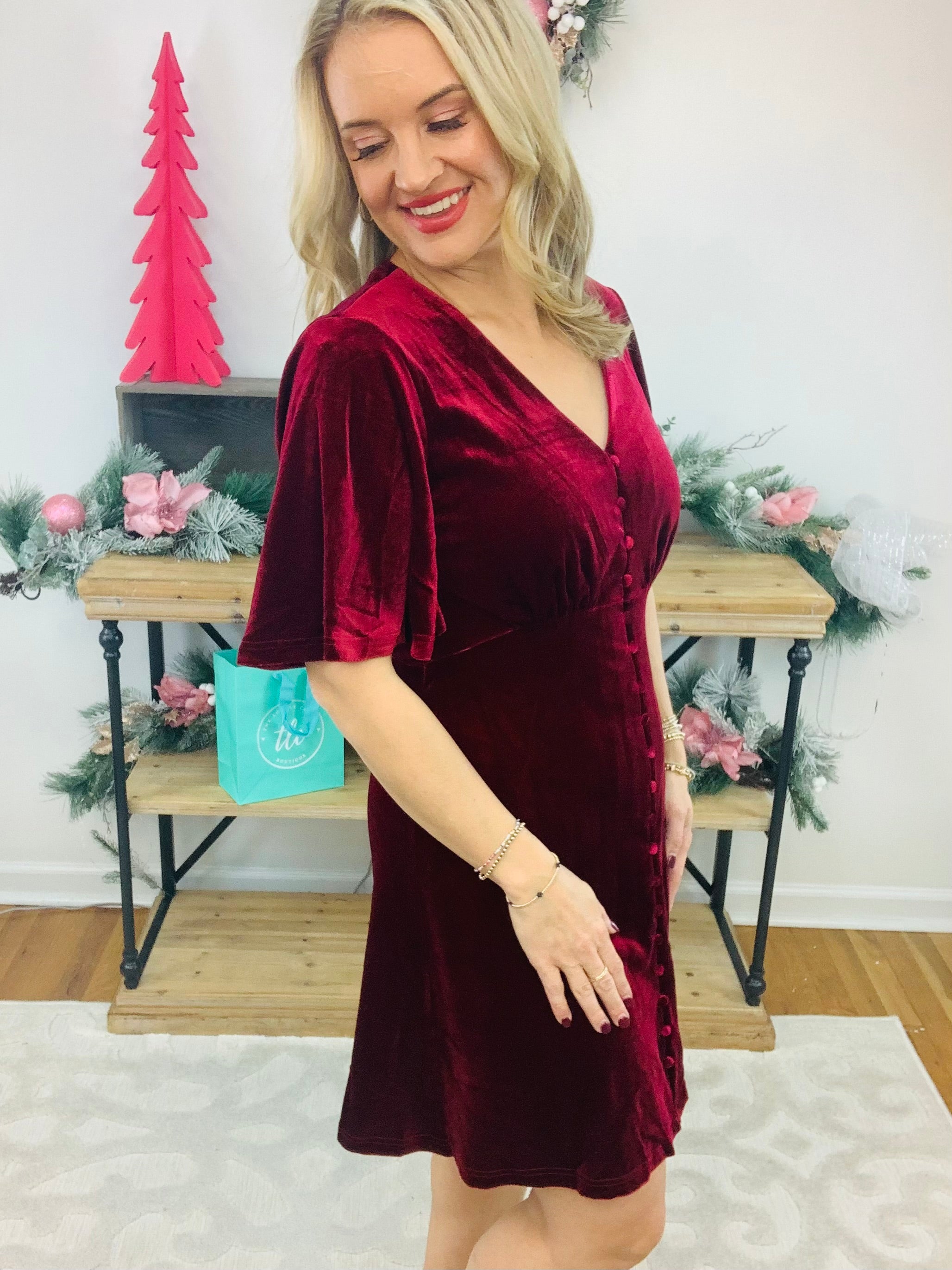 Red Velvet Knee Length Dress-180 Dresses-Vine & Love-The Lovely Closet, Women's Fashion Boutique in Alexandria, KY