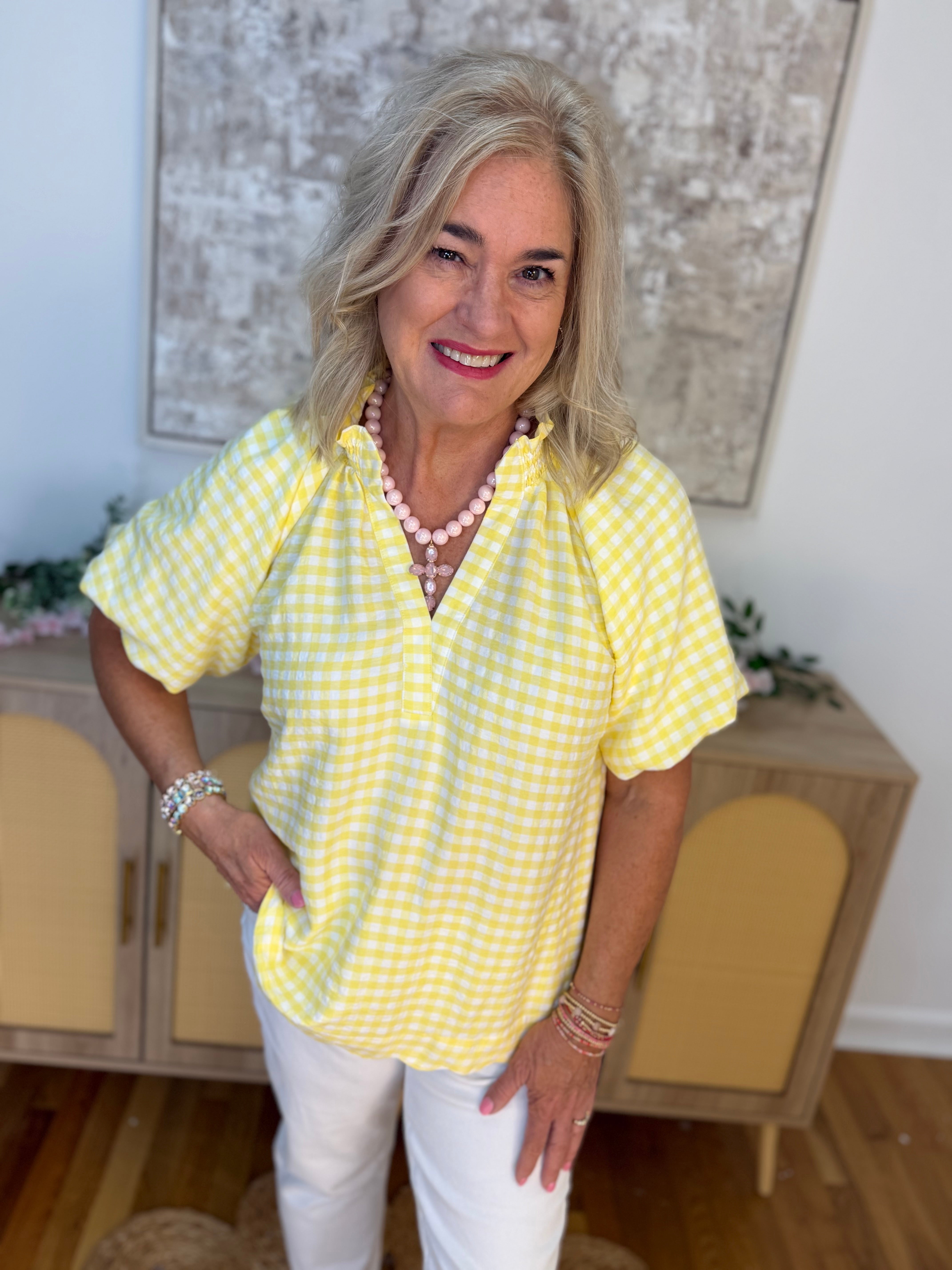 Sunshine & Gingham Blouse-100 Short Sleeve Tops-umgee-The Lovely Closet, Women's Fashion Boutique in Alexandria, KY