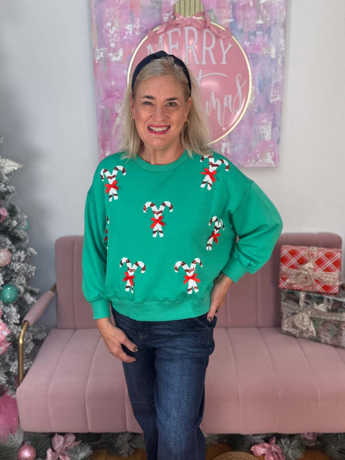 Millie Candy Canes Sweatshirt-110 Long Sleeve Top-Mary square-The Lovely Closet, Women's Fashion Boutique in Alexandria, KY