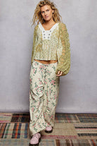 Long Sleeve Lace Contrast Printed Woven Top-110 Long Sleeve Top-Pol Clothing-The Lovely Closet, Women's Fashion Boutique in Alexandria, KY