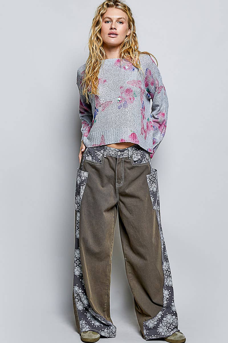 Butterfly Print Sequin Flower Knit Sweater-110 Long Sleeve Top-Pol Clothing-The Lovely Closet, Women's Fashion Boutique in Alexandria, KY