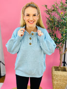 Cabin Fever 1/4 Button Sweater - Sky Blue-140 Sweaters-Vine & Love-The Lovely Closet, Women's Fashion Boutique in Alexandria, KY