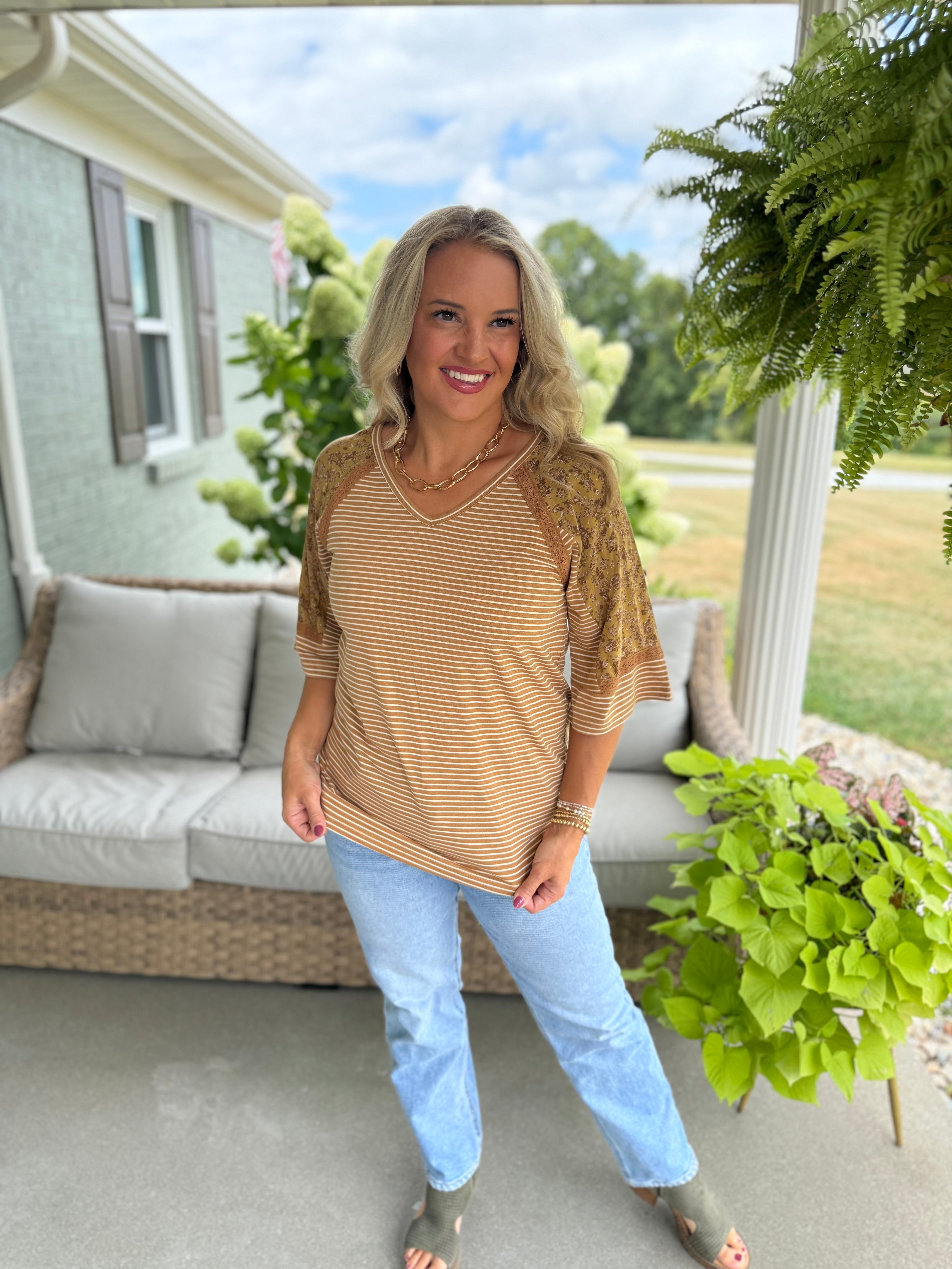 Floral Sleeve Stripe Top-100 Short Sleeve Tops-Doe and Rae-The Lovely Closet, Women's Fashion Boutique in Alexandria, KY