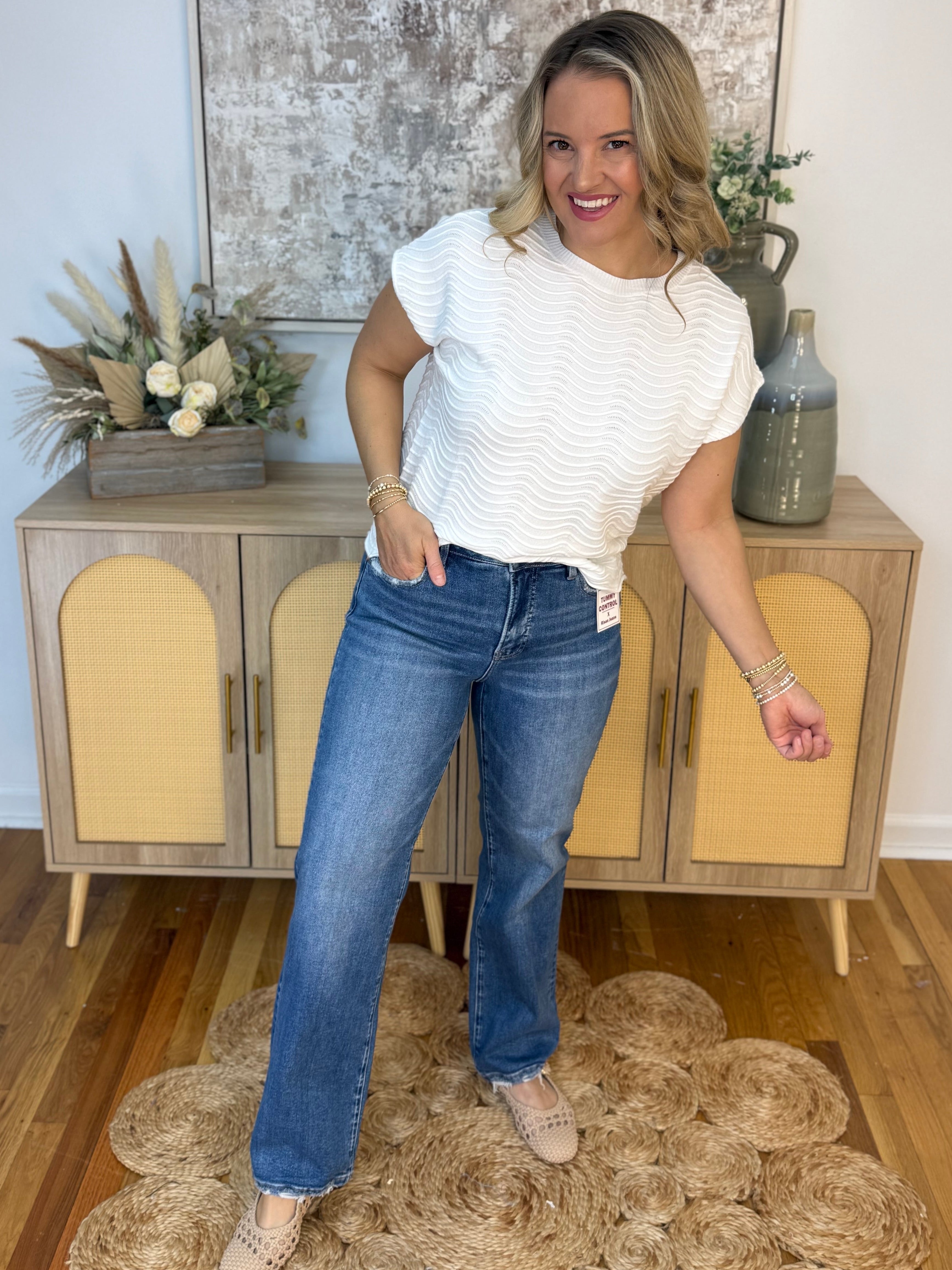 RISEN Tummy Control Ankle Straight Distressed Hem - Dark-210 Jeans-Risen-The Lovely Closet, Women's Fashion Boutique in Alexandria, KY