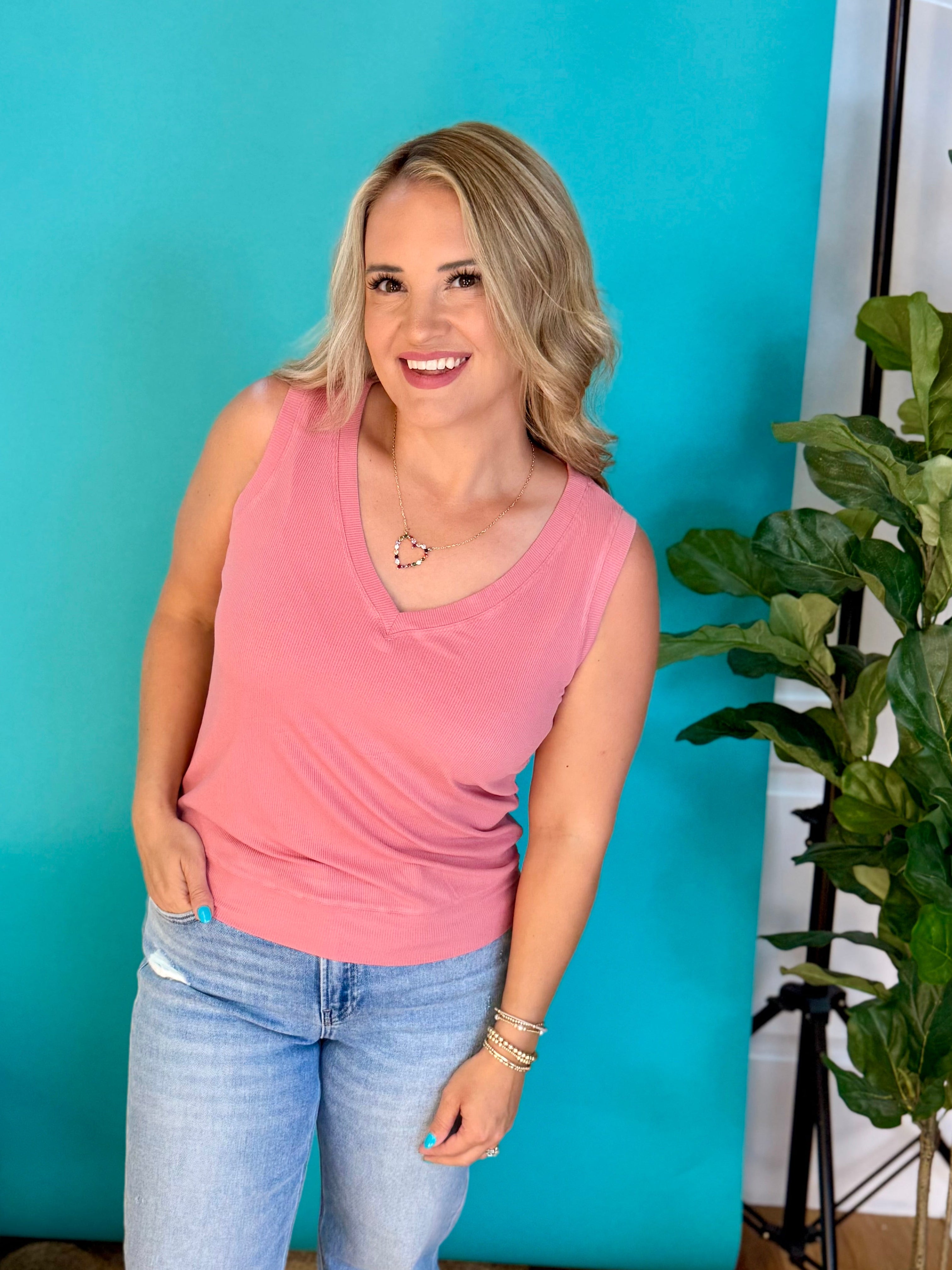 LuxeAir Ribbed Relaxed V-Neck Tank - Dusty Rose-120 Sleeveless Tops-Yelete-The Lovely Closet, Women's Fashion Boutique in Alexandria, KY