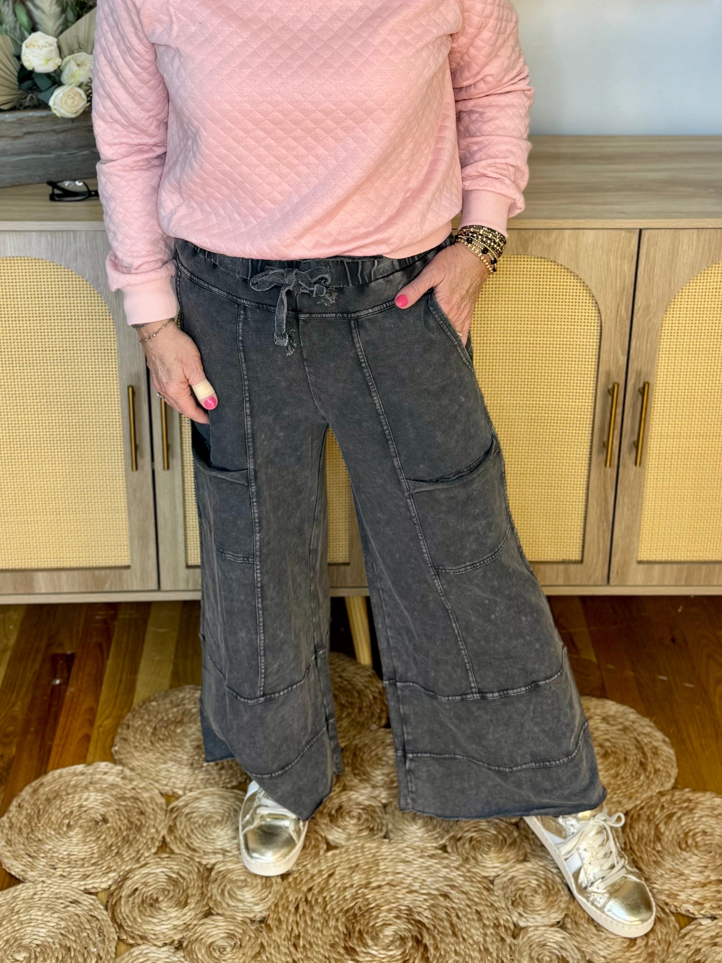 Relaxed Cargo Wide Leg Cropped Pants - Black-240 Pants-easel-The Lovely Closet, Women's Fashion Boutique in Alexandria, KY