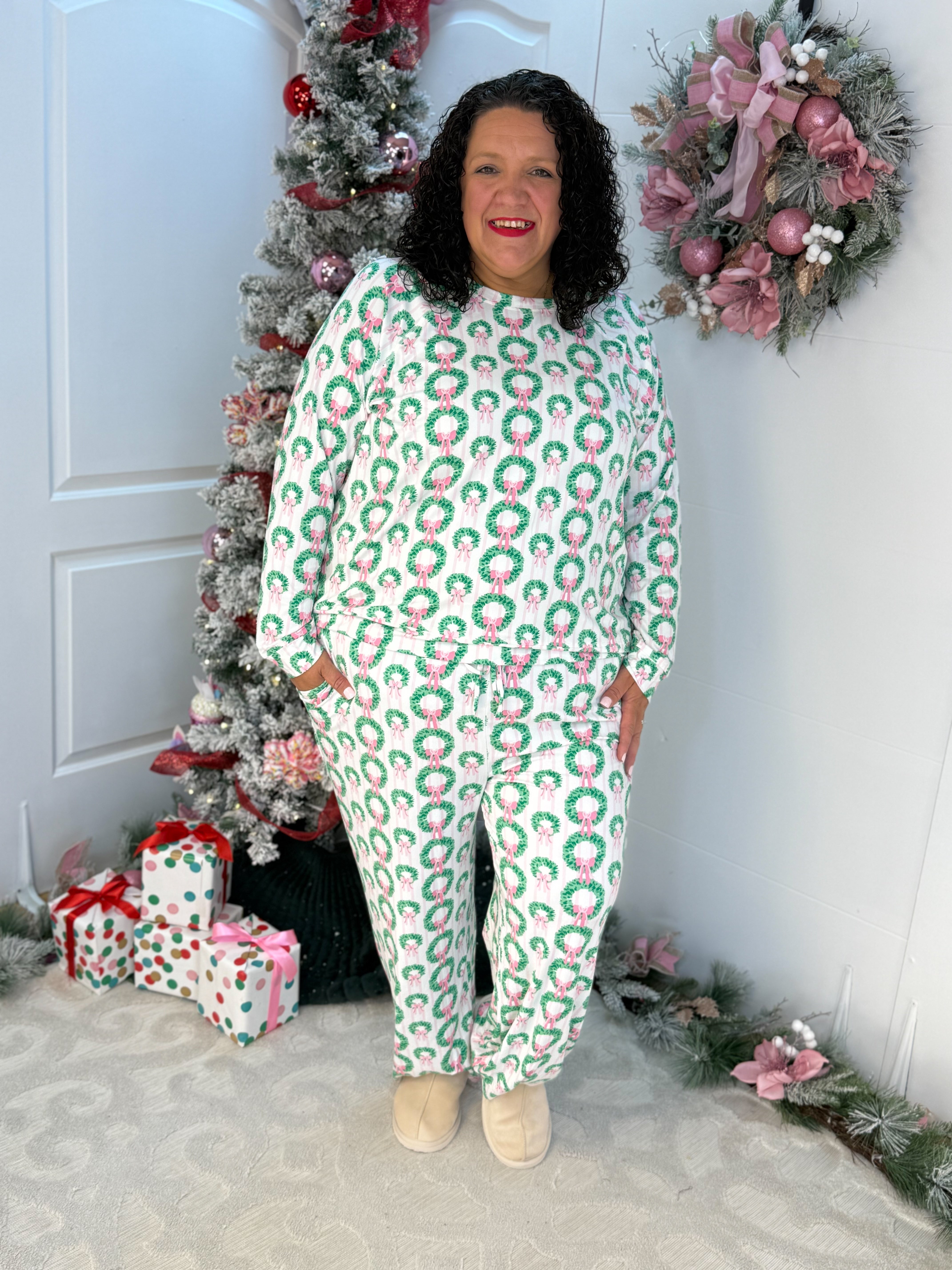 Mary Square Rosy Wreaths Annie Pant Set-350 Holiday-Mary Square-The Lovely Closet, Women's Fashion Boutique in Alexandria, KY