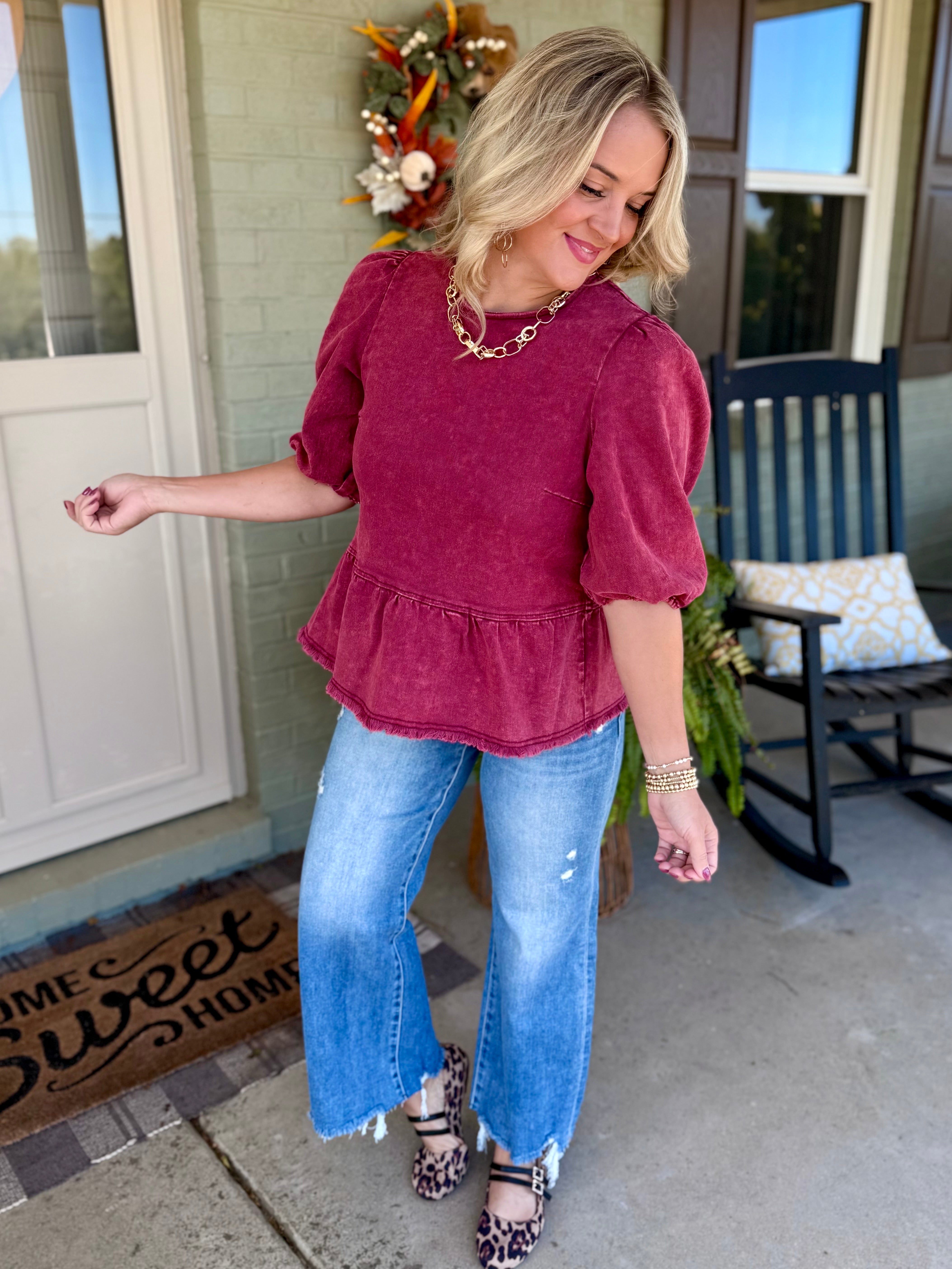 Cider & Cinnamon Washed Denim Top - Garnet-100 Short Sleeve Tops-Anniewear-The Lovely Closet, Women's Fashion Boutique in Alexandria, KY