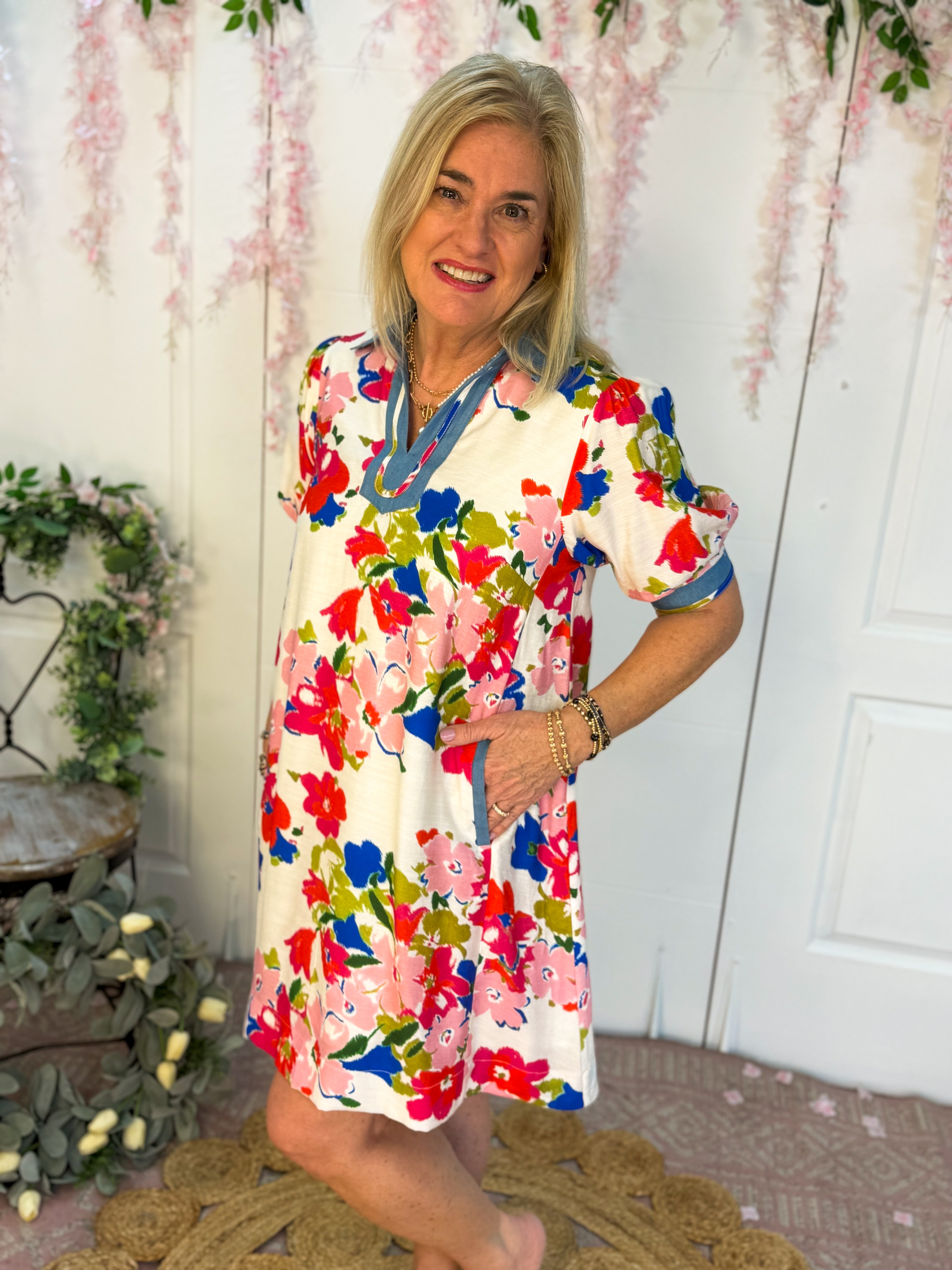 Vibrant Floral Print Dress-180 Dresses-Umgee-The Lovely Closet, Women's Fashion Boutique in Alexandria, KY