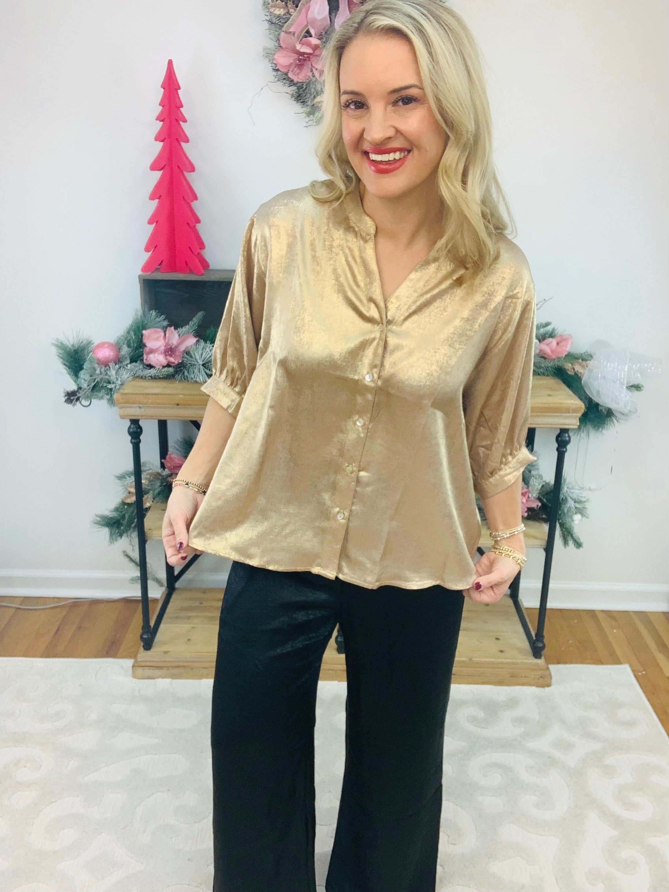 FINAL SALE - Gold Metallic Woven Blouse-110 Long Sleeve Top-Vine & Love-The Lovely Closet, Women's Fashion Boutique in Alexandria, KY