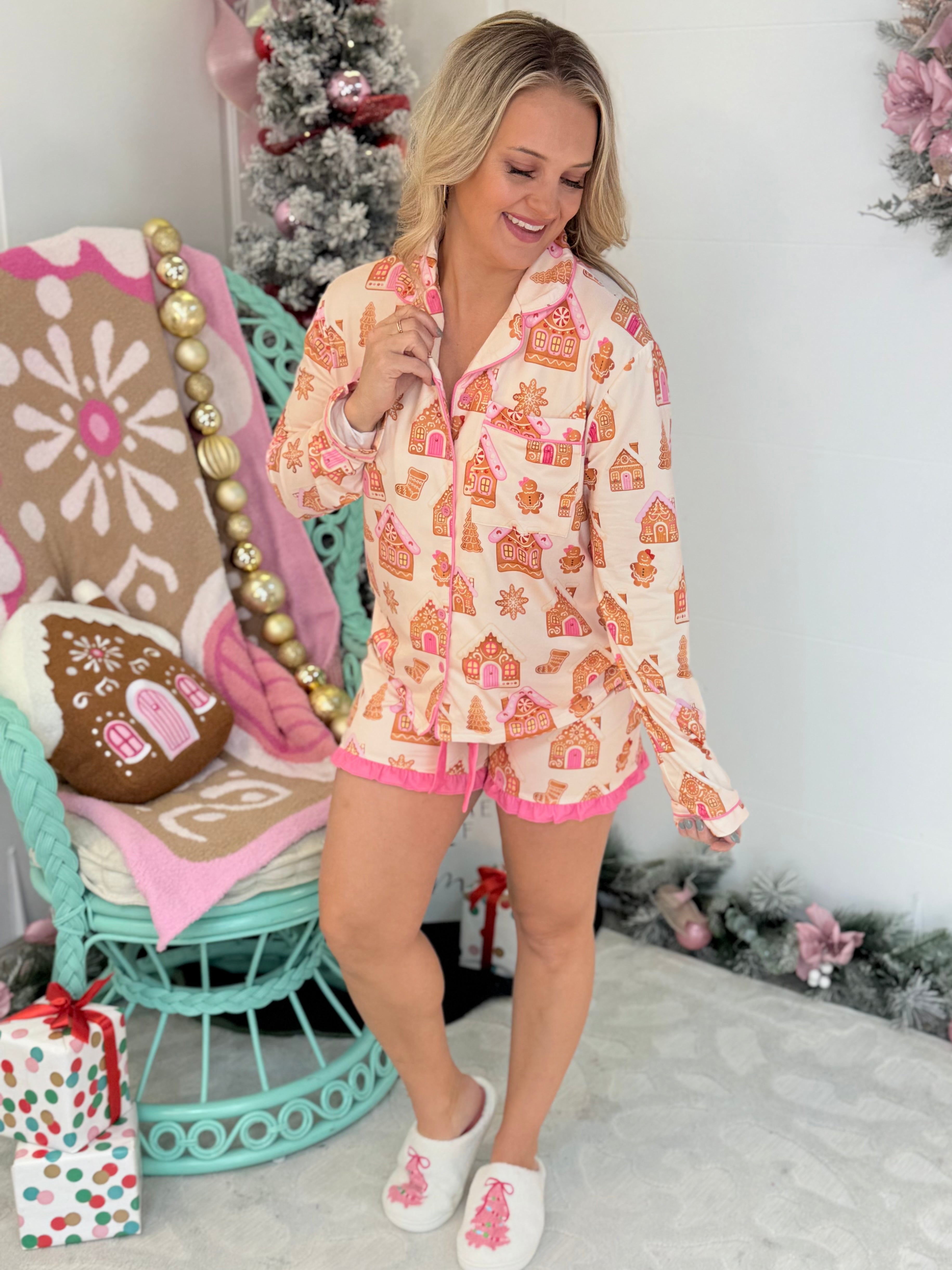 PINK-mas PJ Set - Gingerbread Wonderland Ruffle Pajama Set-350 Holiday-Jess Lea-The Lovely Closet, Women's Fashion Boutique in Alexandria, KY