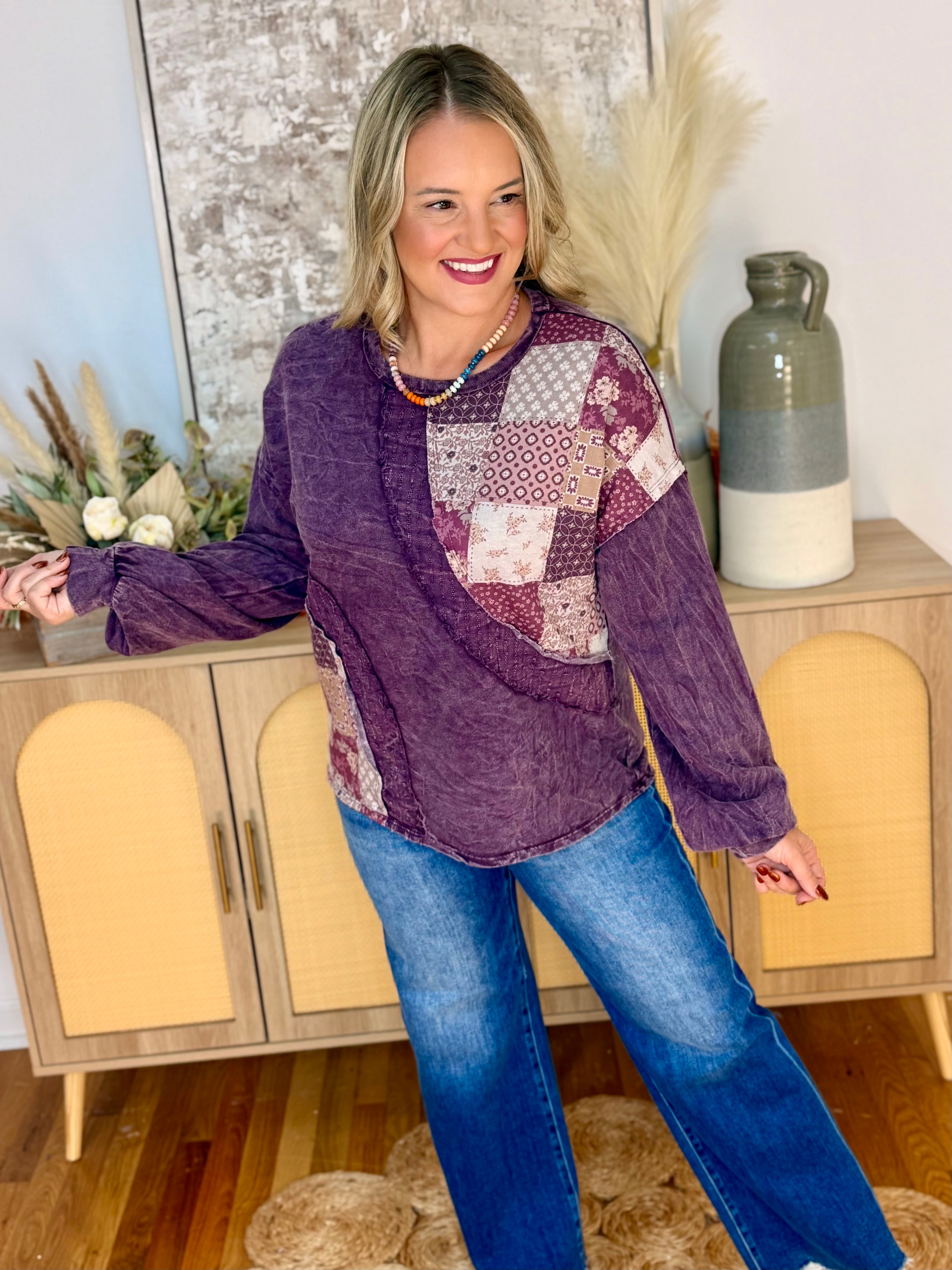 Mineral Wash Patchwork Swirl Top-110 Long Sleeve Top-jHer-The Lovely Closet, Women's Fashion Boutique in Alexandria, KY