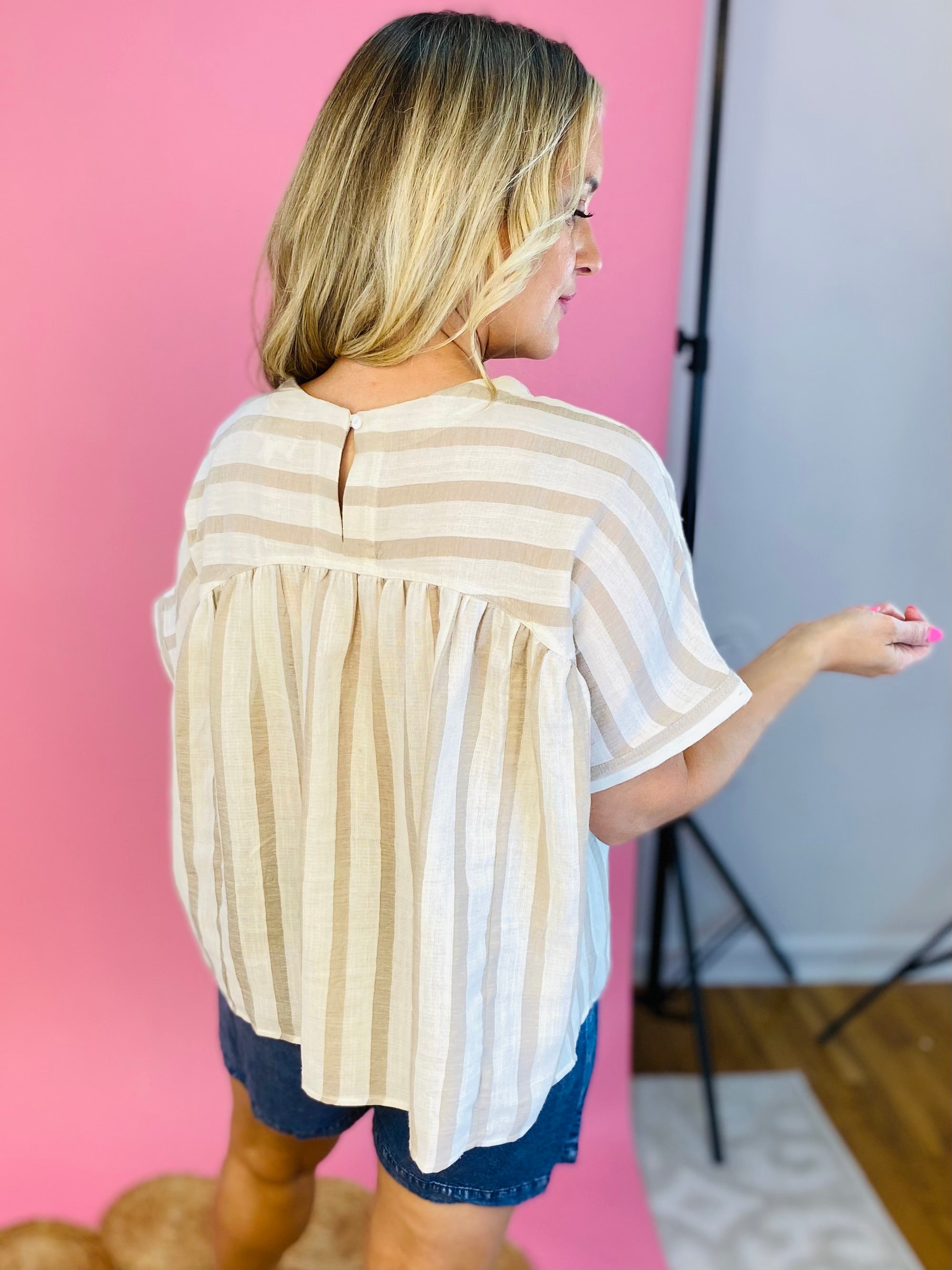 Where My Beaches At Top - Taupe Stripe-100 Short Sleeve Tops-eesome-The Lovely Closet, Women's Fashion Boutique in Alexandria, KY