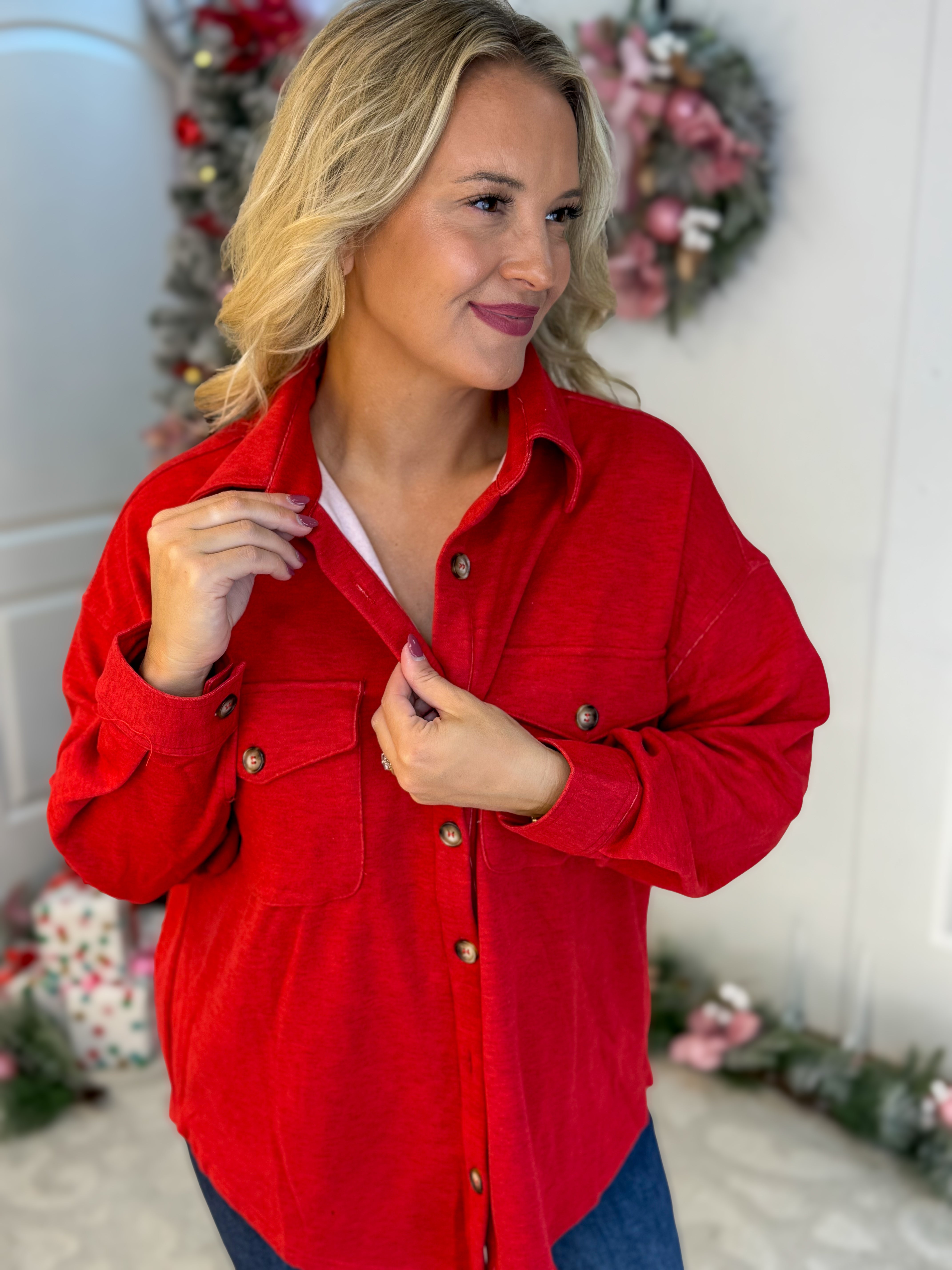 Cozy Season Button Down Shacket - Red-170 Jackets/Outerwear-White Birch-The Lovely Closet, Women's Fashion Boutique in Alexandria, KY