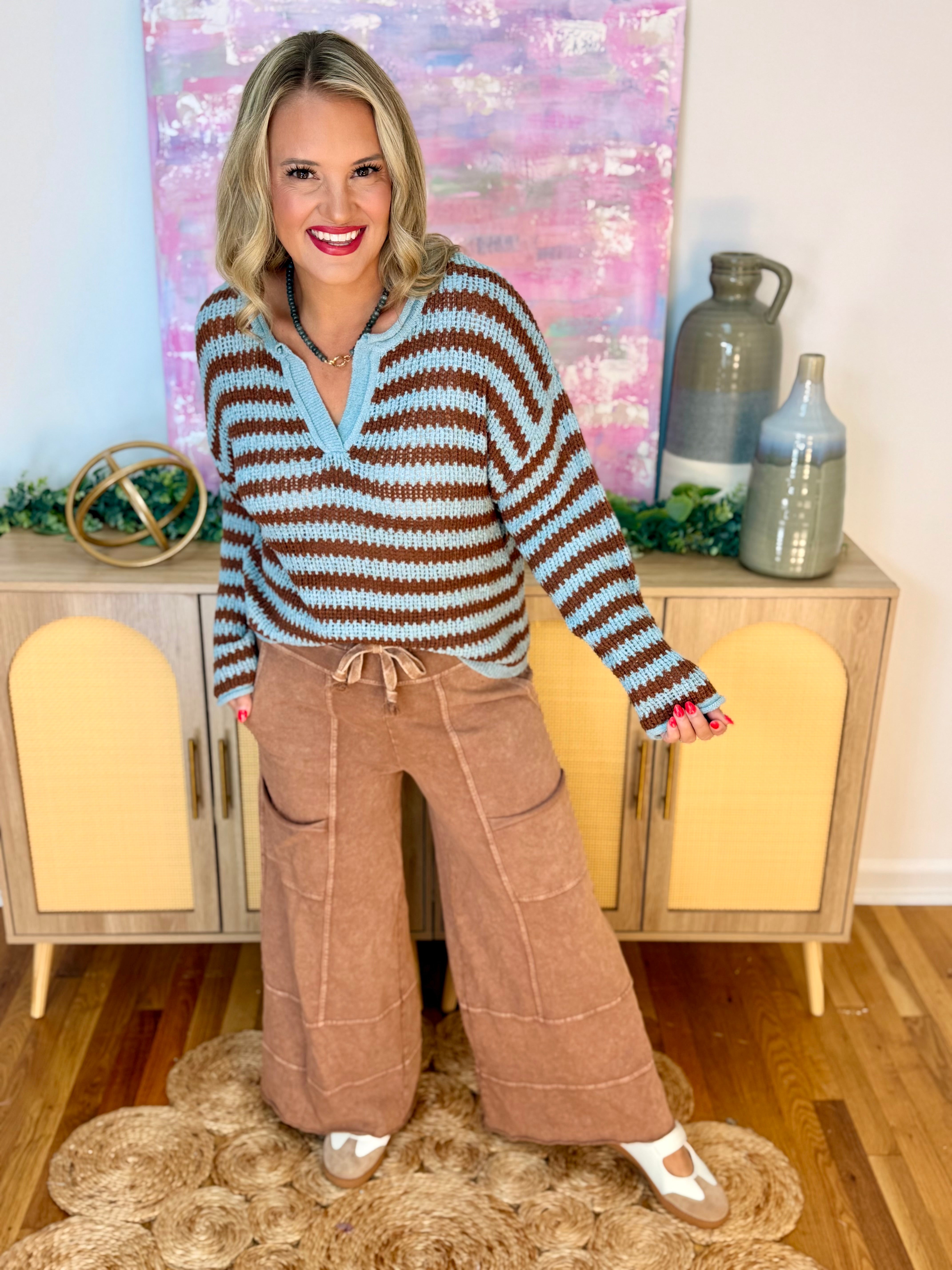 Scenic Route Sweater - Lt. Blue/Brown-110 Long Sleeve Top-Blu Pepper-The Lovely Closet, Women's Fashion Boutique in Alexandria, KY