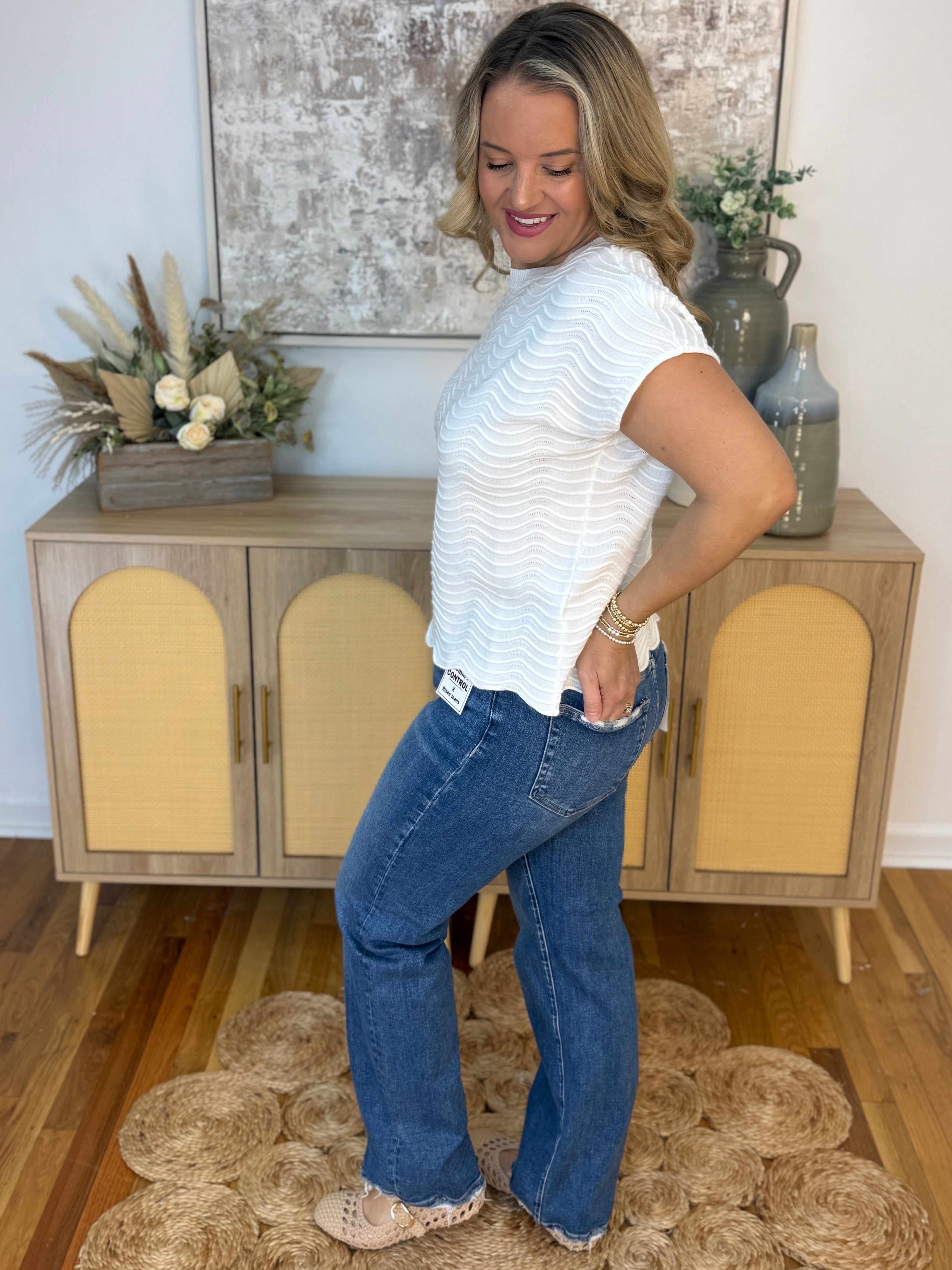 RISEN Tummy Control Ankle Straight Distressed Hem - Dark-210 Jeans-Risen-The Lovely Closet, Women's Fashion Boutique in Alexandria, KY