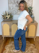 RISEN Tummy Control Ankle Straight Distressed Hem - Dark-210 Jeans-Risen-The Lovely Closet, Women's Fashion Boutique in Alexandria, KY