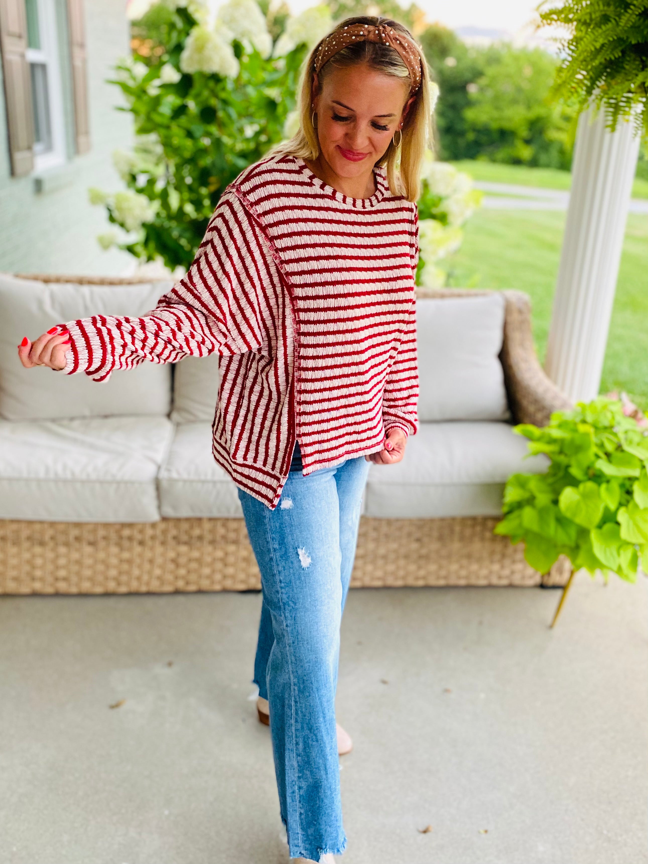 Driftwood Striped Top - Cranberry-110 Long Sleeve Top-bibi-The Lovely Closet, Women's Fashion Boutique in Alexandria, KY