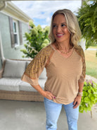 Floral Sleeve Stripe Top-100 Short Sleeve Tops-Doe and Rae-The Lovely Closet, Women's Fashion Boutique in Alexandria, KY