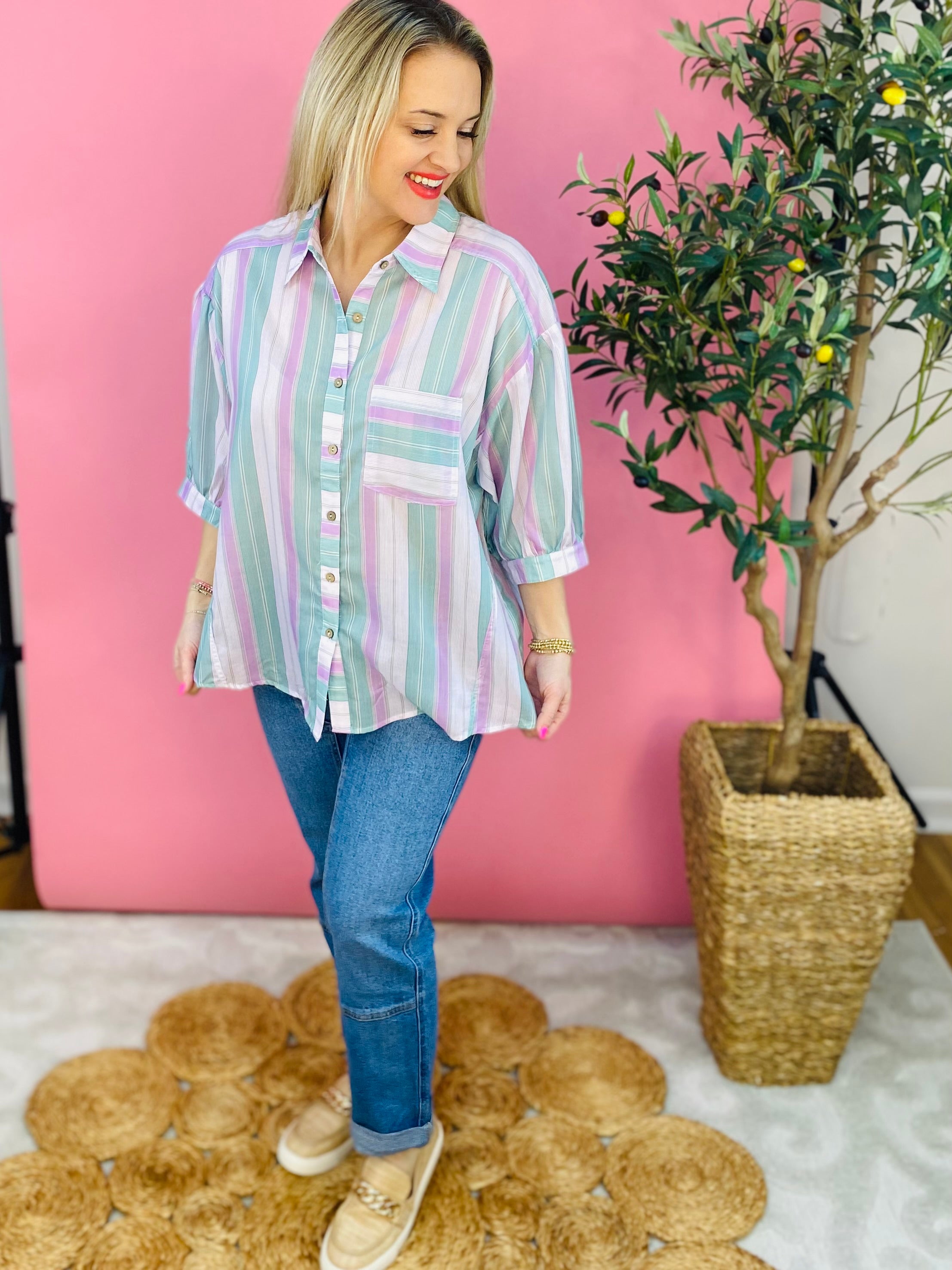 Pastel Pinstripes Button Down-100 Short Sleeve Tops-easel-The Lovely Closet, Women's Fashion Boutique in Alexandria, KY