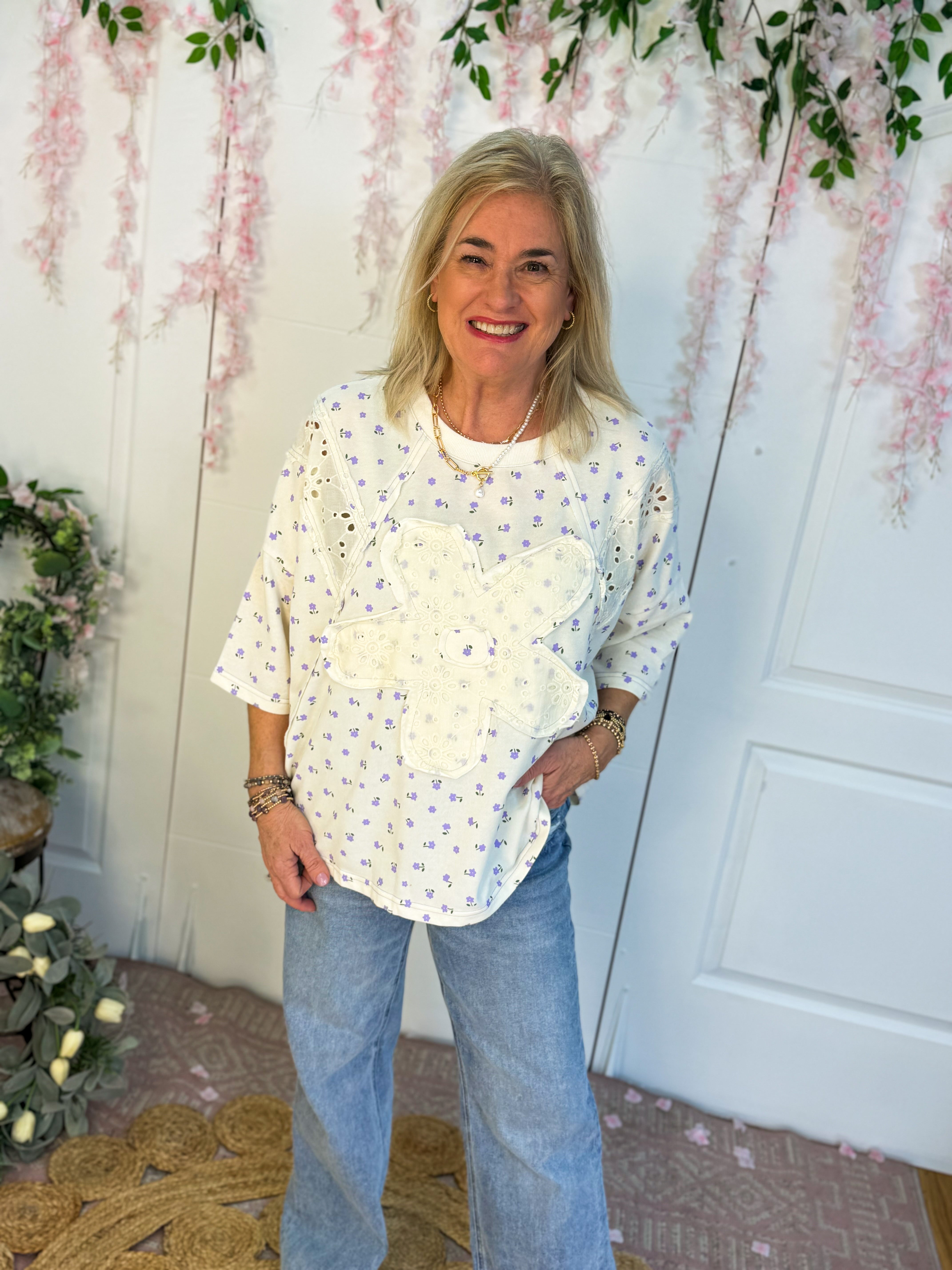 Lavender Ditsy Print Top-100 Short Sleeve Tops-easel-The Lovely Closet, Women's Fashion Boutique in Alexandria, KY