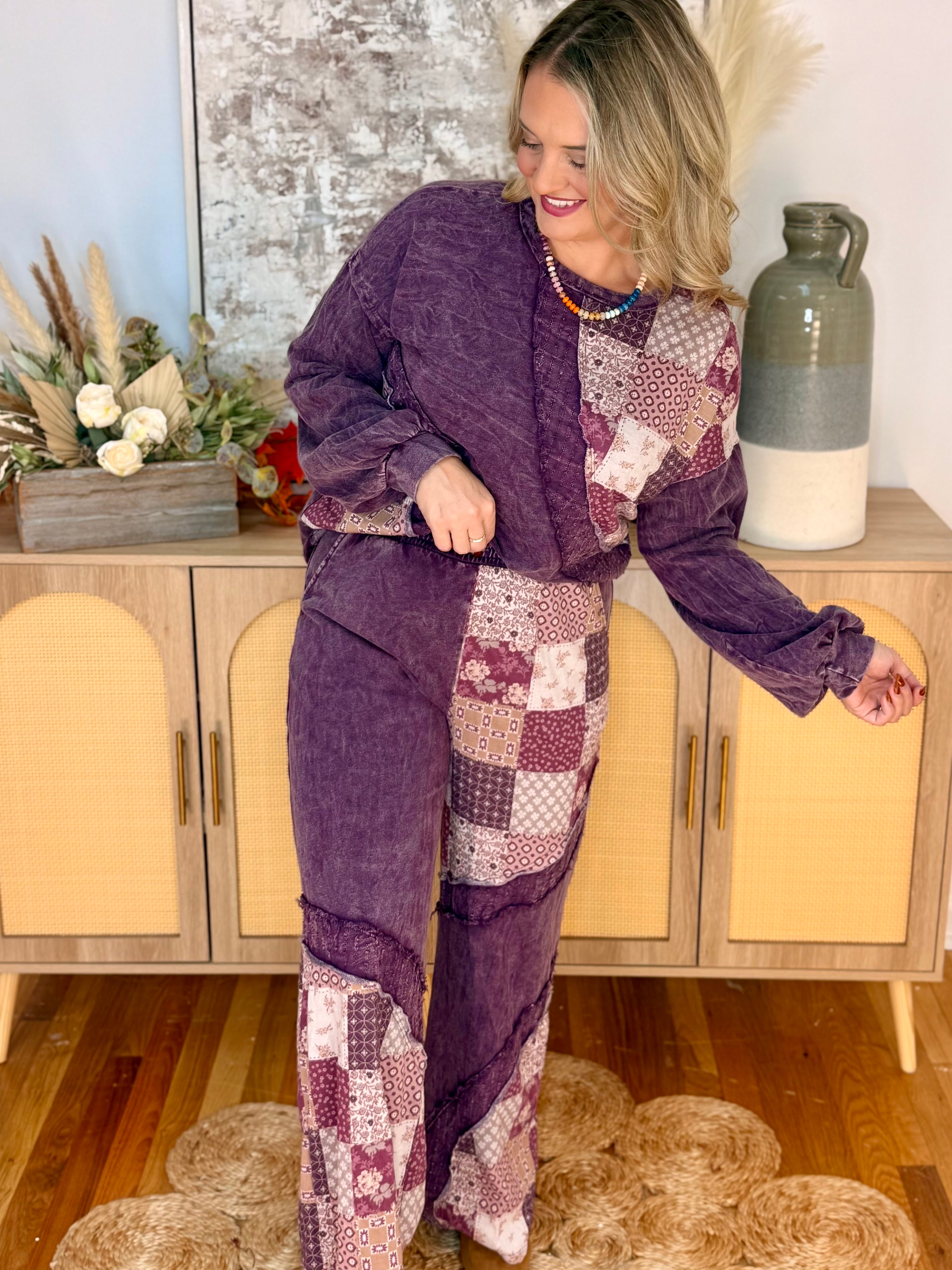 Mineral Wash Patchwork Swirl Pants-240 Pants-jHer-The Lovely Closet, Women's Fashion Boutique in Alexandria, KY