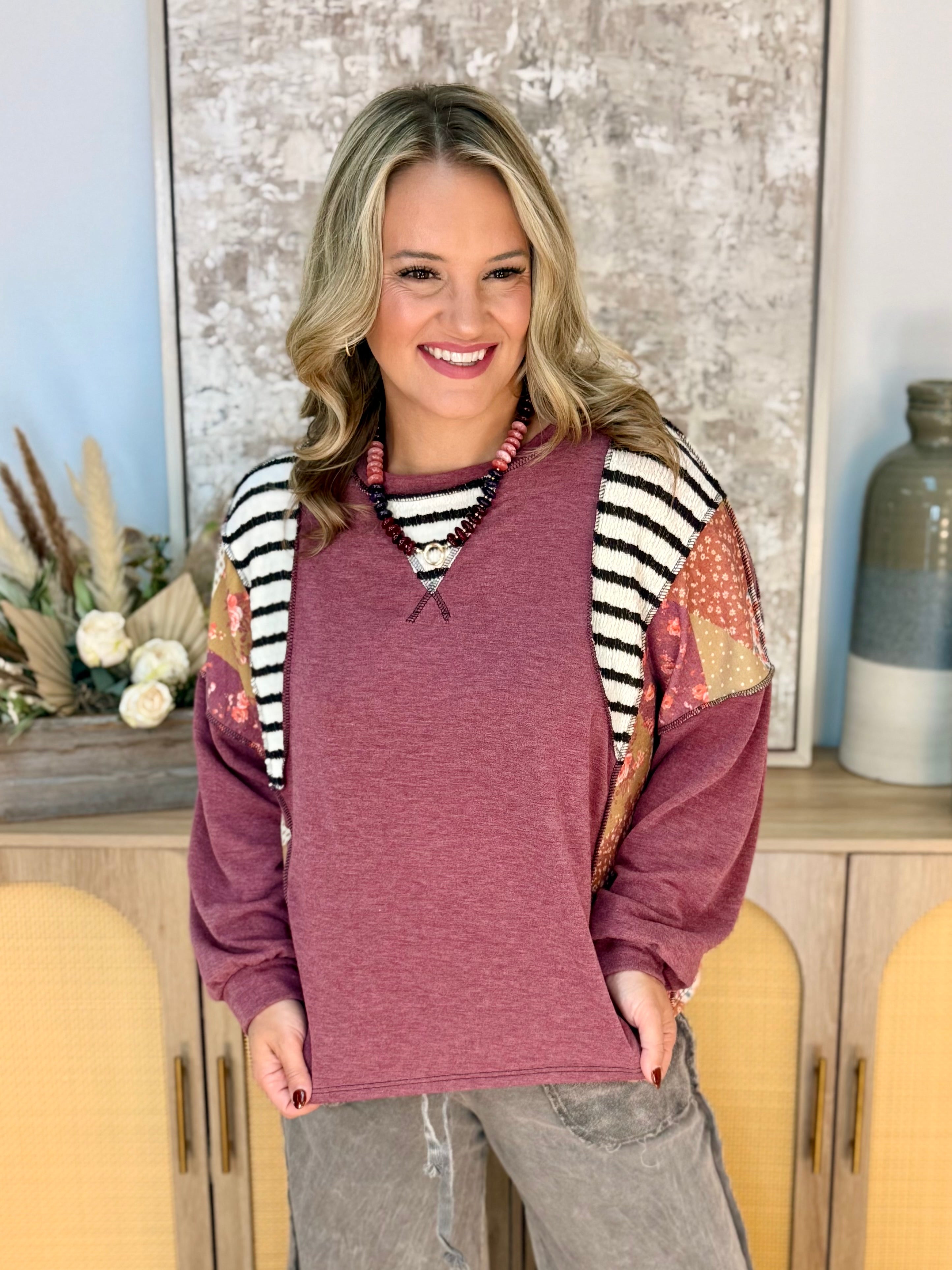 Classic Patchwork Fall Top-110 Long Sleeve Top-Haptics-The Lovely Closet, Women's Fashion Boutique in Alexandria, KY