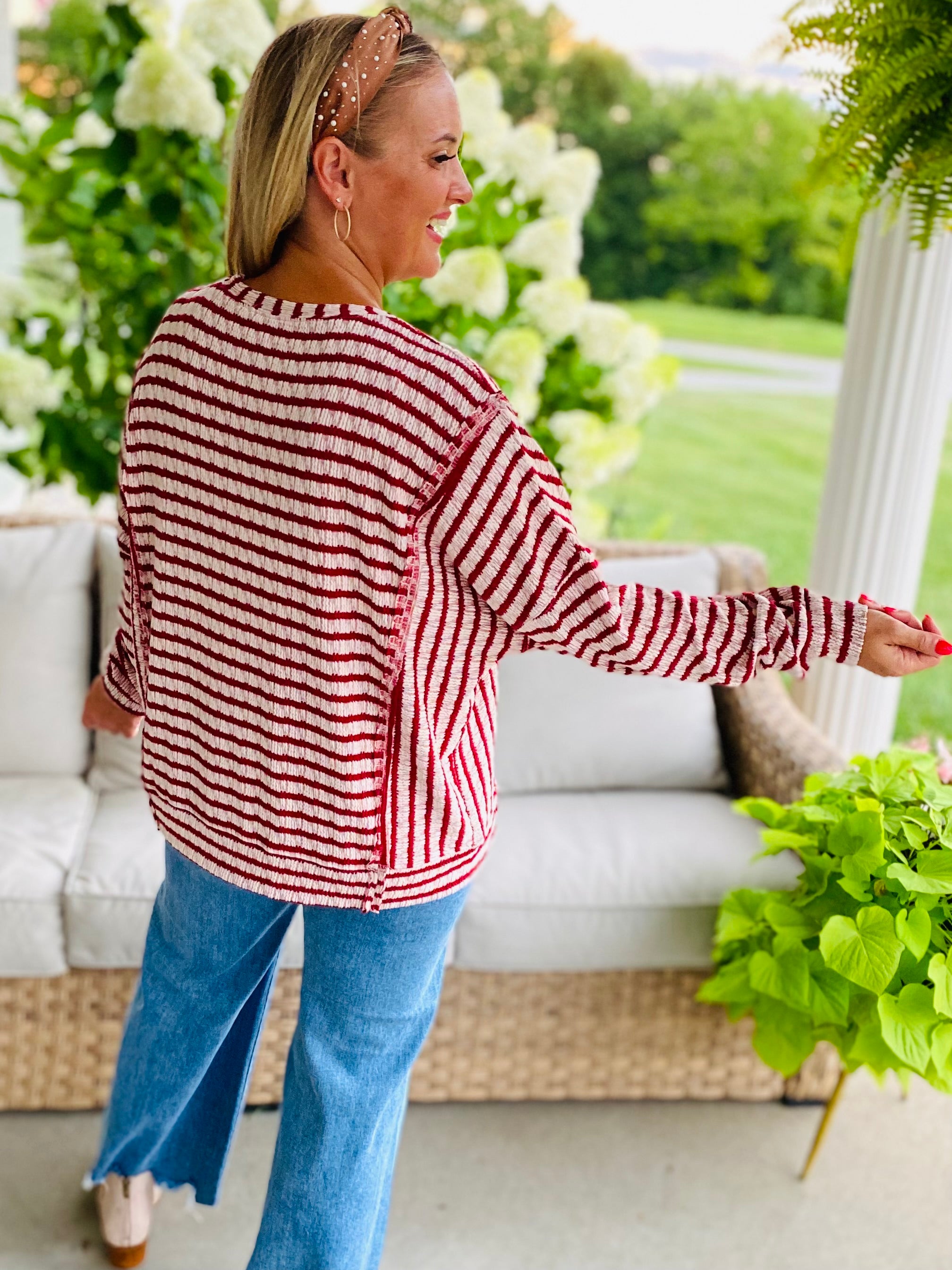 Driftwood Striped Top - Cranberry-110 Long Sleeve Top-bibi-The Lovely Closet, Women's Fashion Boutique in Alexandria, KY