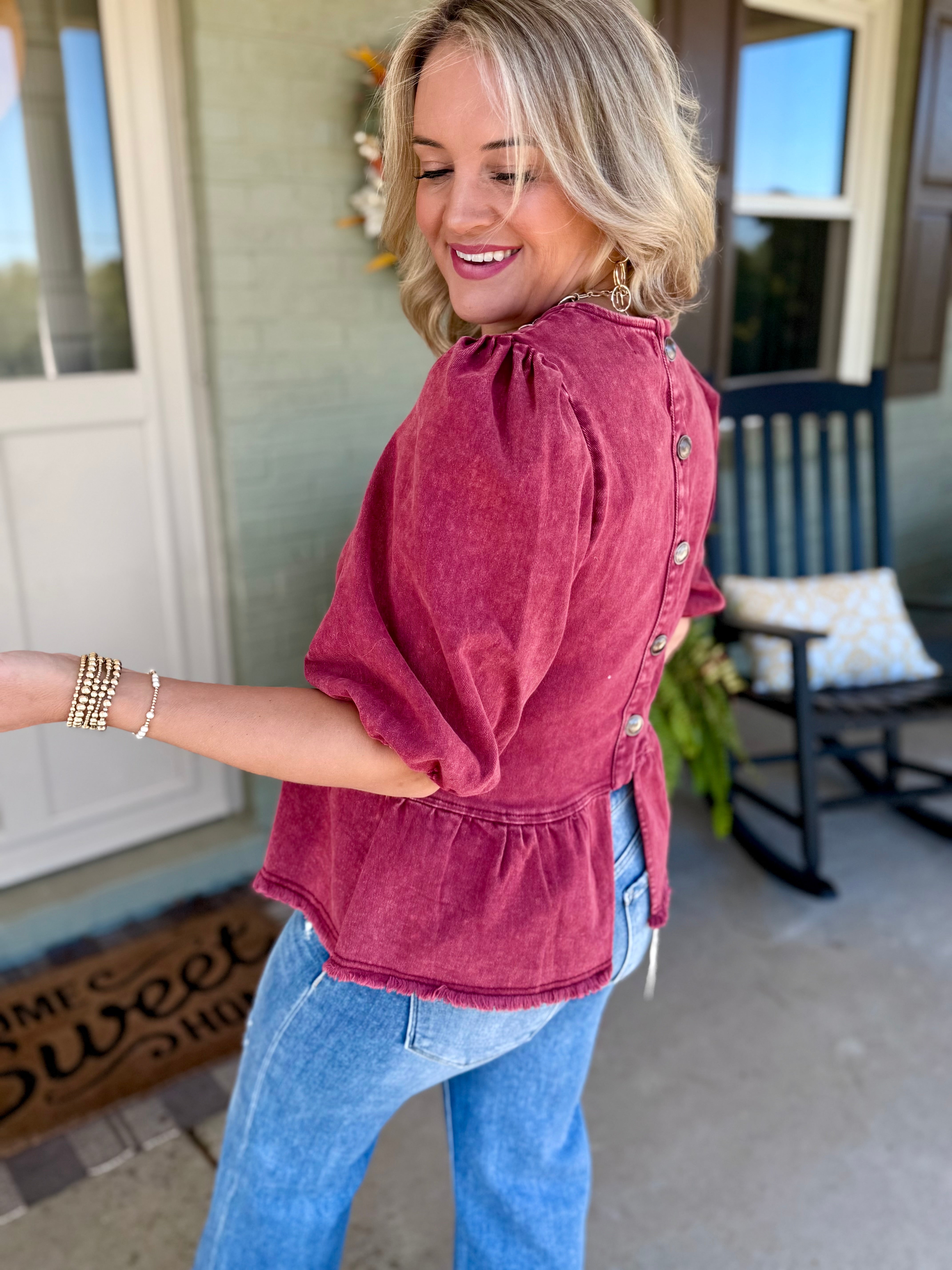 Cider & Cinnamon Washed Denim Top - Garnet-100 Short Sleeve Tops-Anniewear-The Lovely Closet, Women's Fashion Boutique in Alexandria, KY