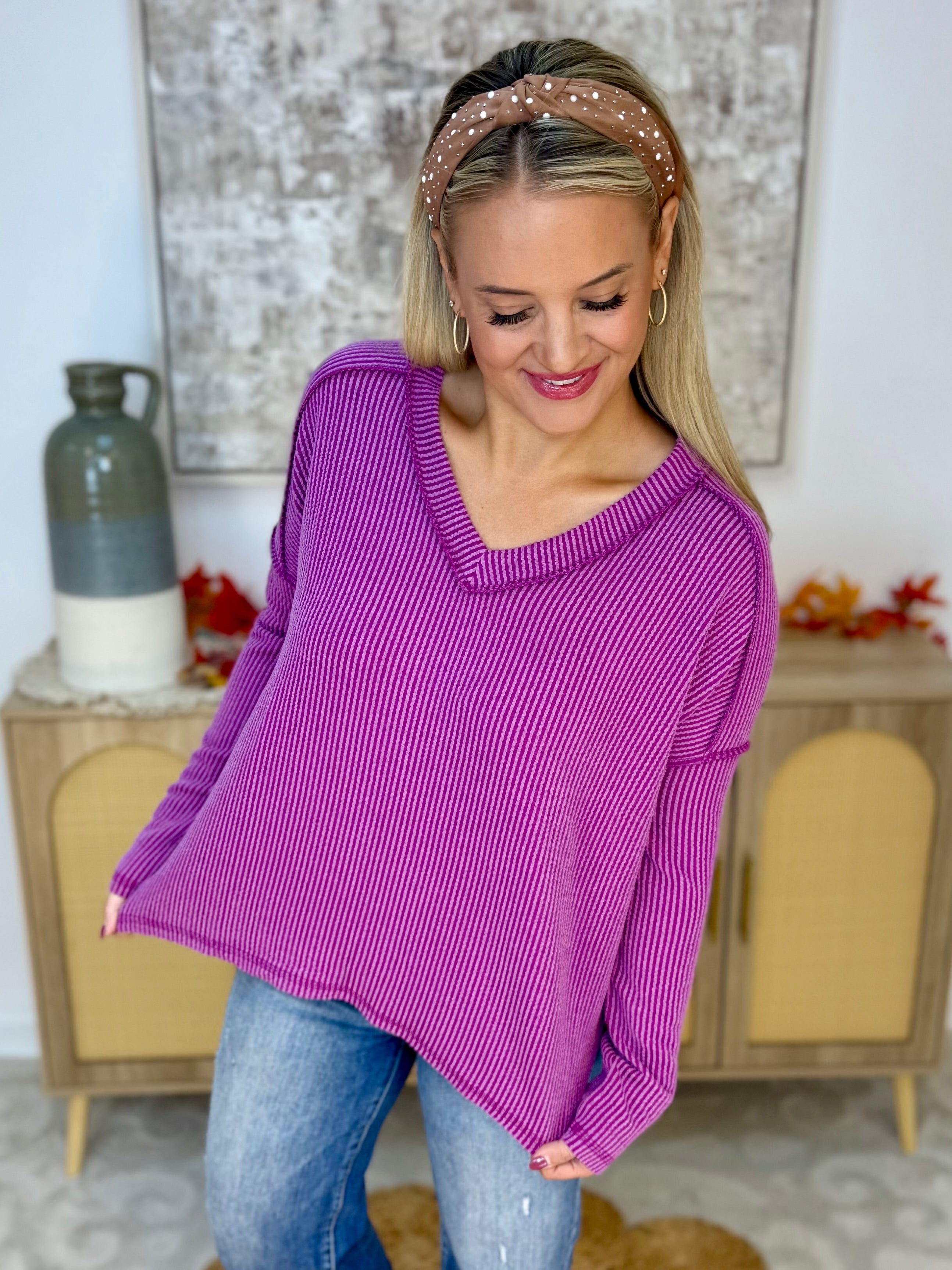 Autumn Days Ribbed Top - Plum-110 Long Sleeve Top-zenana-The Lovely Closet, Women's Fashion Boutique in Alexandria, KY