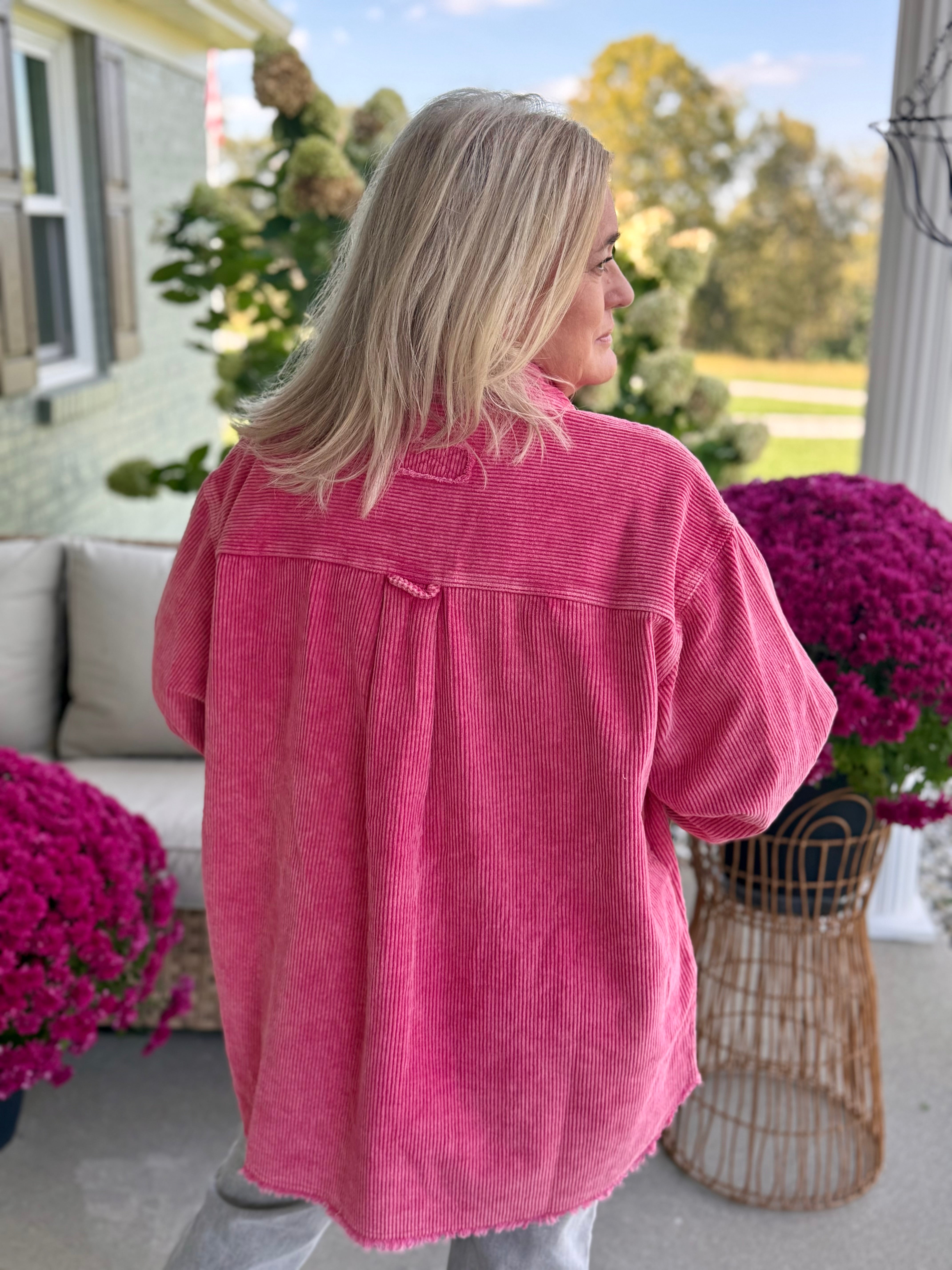 FINAL SALE - Courage in Corduroy Pink Shacket-170 Jackets/Outerwear-Donation Pink-The Lovely Closet, Women's Fashion Boutique in Alexandria, KY