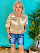 Taupe and White Striped Crochet Sweater-100 Short Sleeve Tops-Blu Pepper-The Lovely Closet, Women's Fashion Boutique in Alexandria, KY