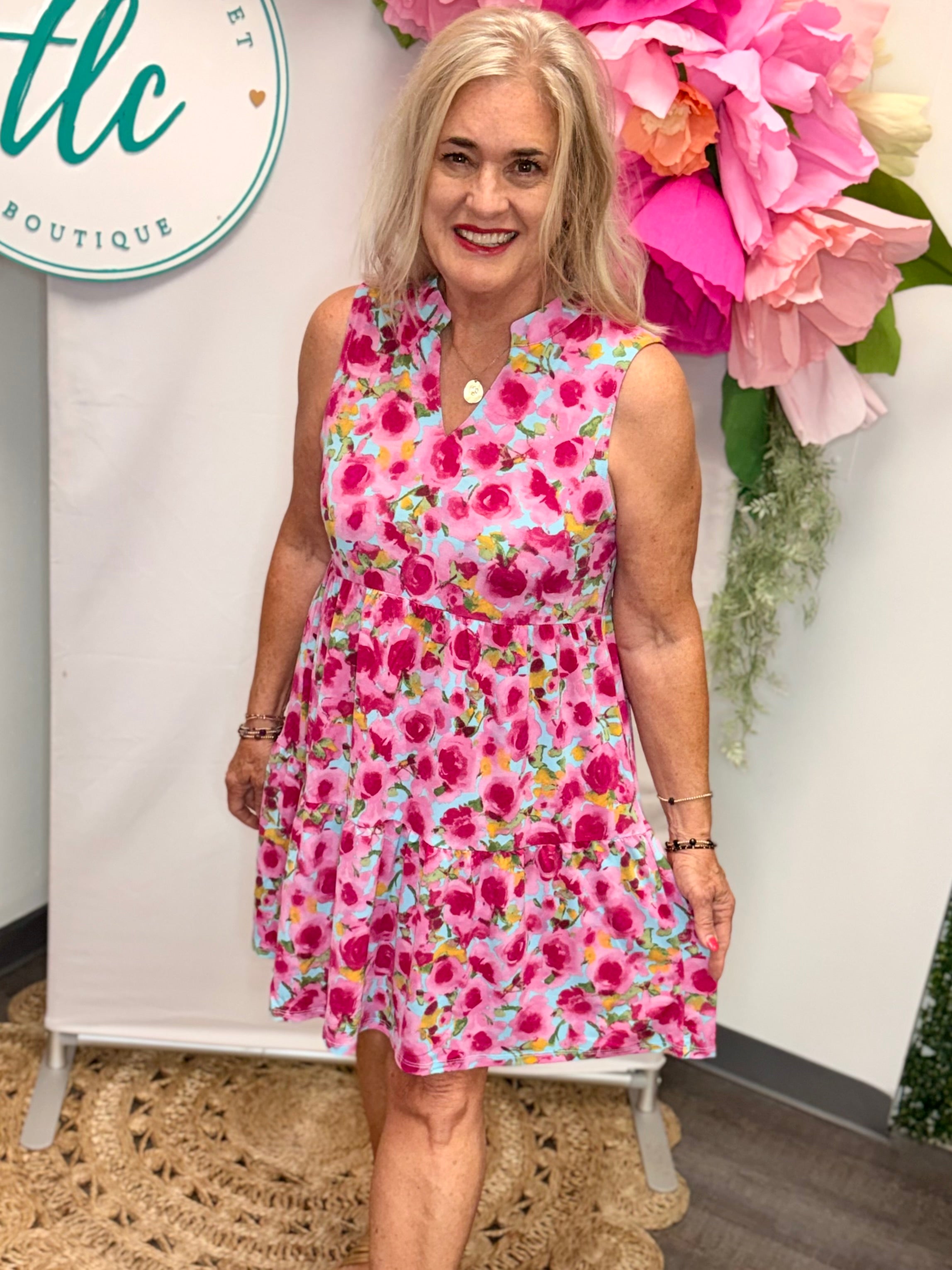 Pink Roses Lizzy Dress-180 Dresses-Dear Scarlett-The Lovely Closet, Women's Fashion Boutique in Alexandria, KY
