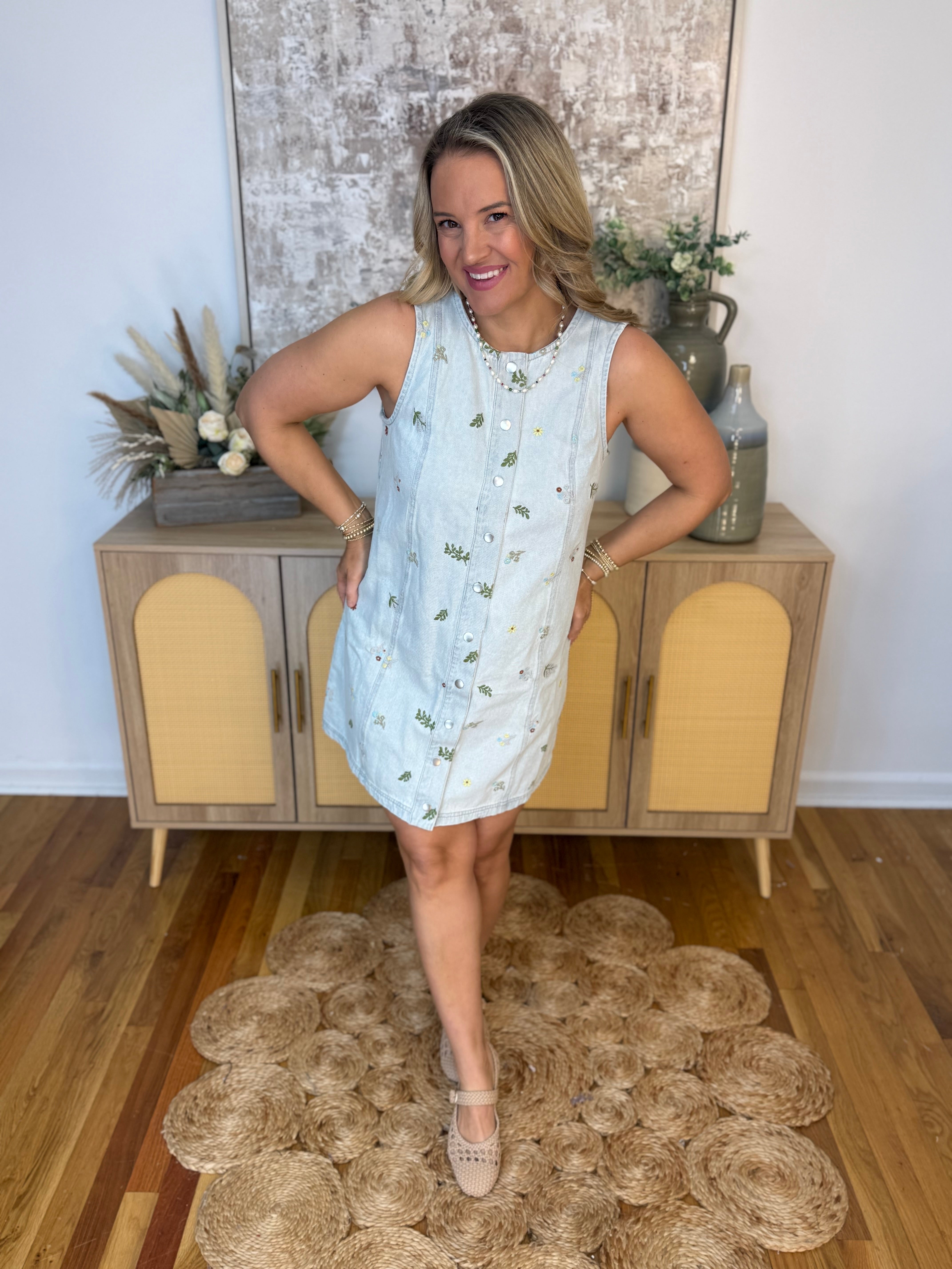 Fresh Picked Embroidered Denim Shift Dress-180 Dresses-Blu Pepper-The Lovely Closet, Women's Fashion Boutique in Alexandria, KY