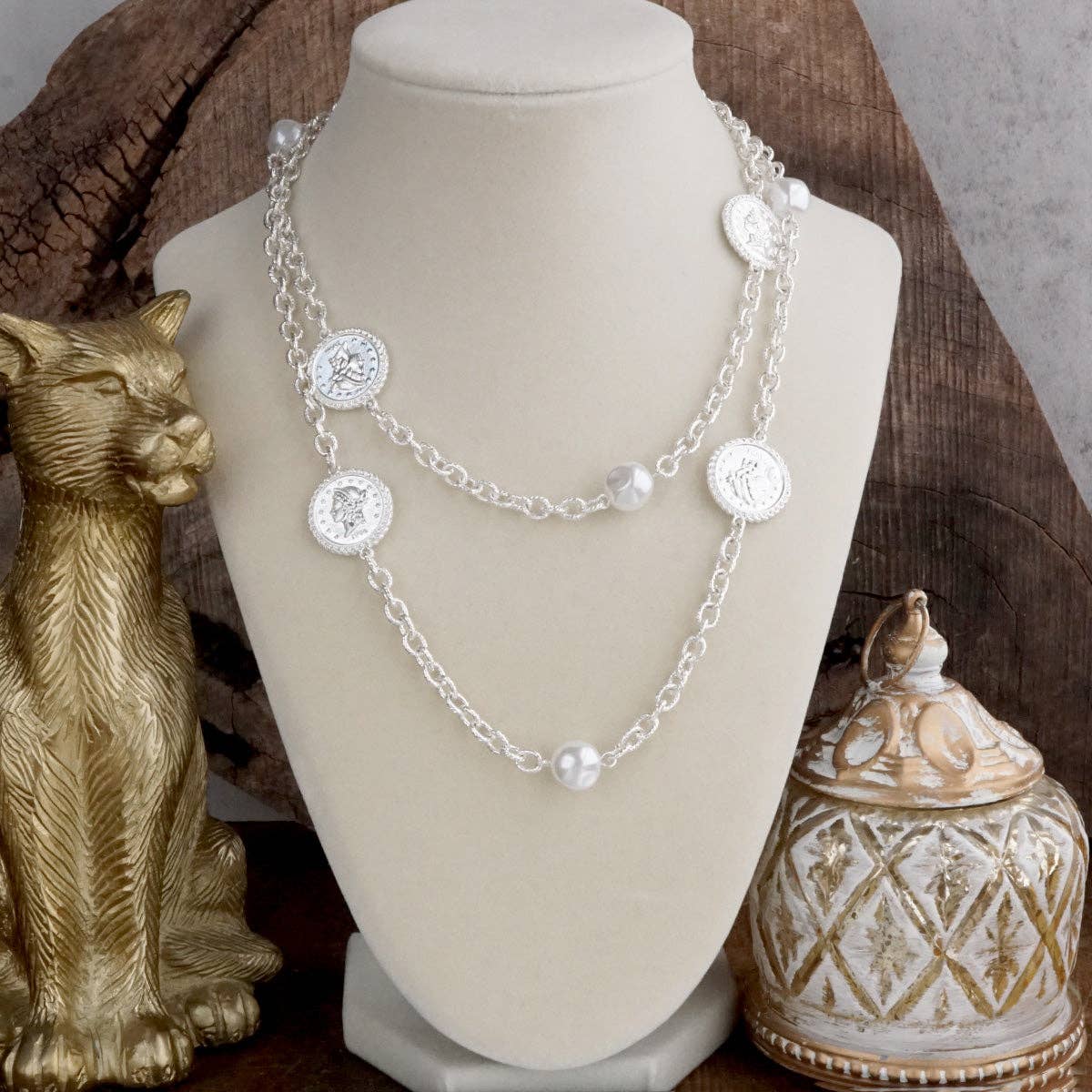 Starlit Relics – Coin & Pearl Station Necklace: Worn Gold Tone-250 Jewelry-PennyLine inc-The Lovely Closet, Women's Fashion Boutique in Alexandria, KY