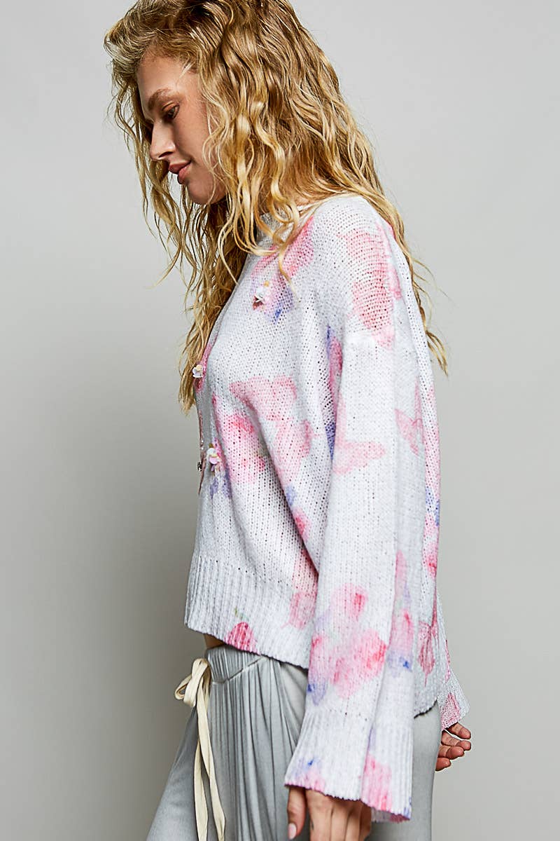 Butterfly Print Sequin Flower Knit Sweater-110 Long Sleeve Top-Pol Clothing-The Lovely Closet, Women's Fashion Boutique in Alexandria, KY
