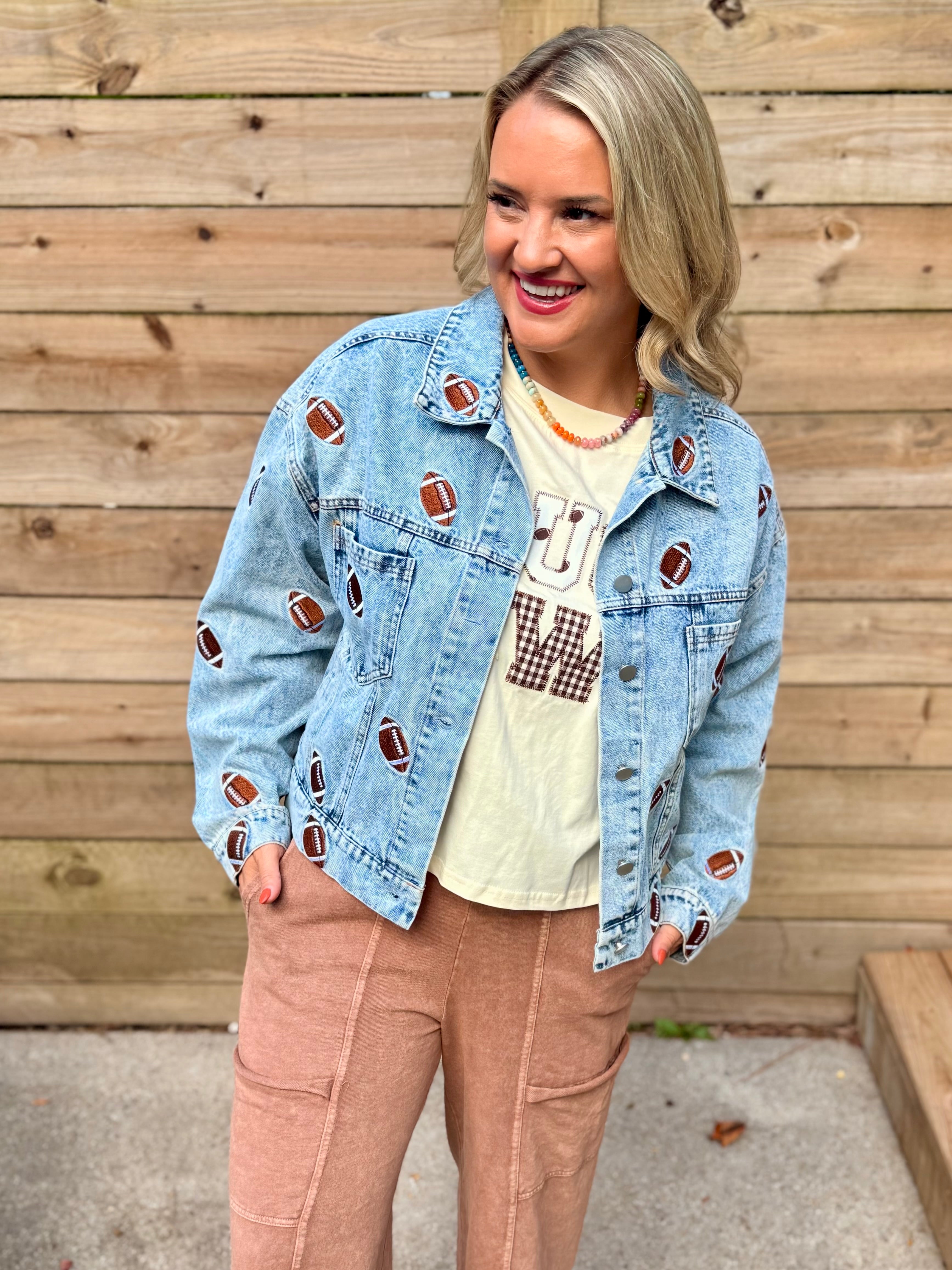 Football Fanatic Embroidered Denim Jacket-170 Jackets/Outerwear-The Lovely Closet-The Lovely Closet, Women's Fashion Boutique in Alexandria, KY