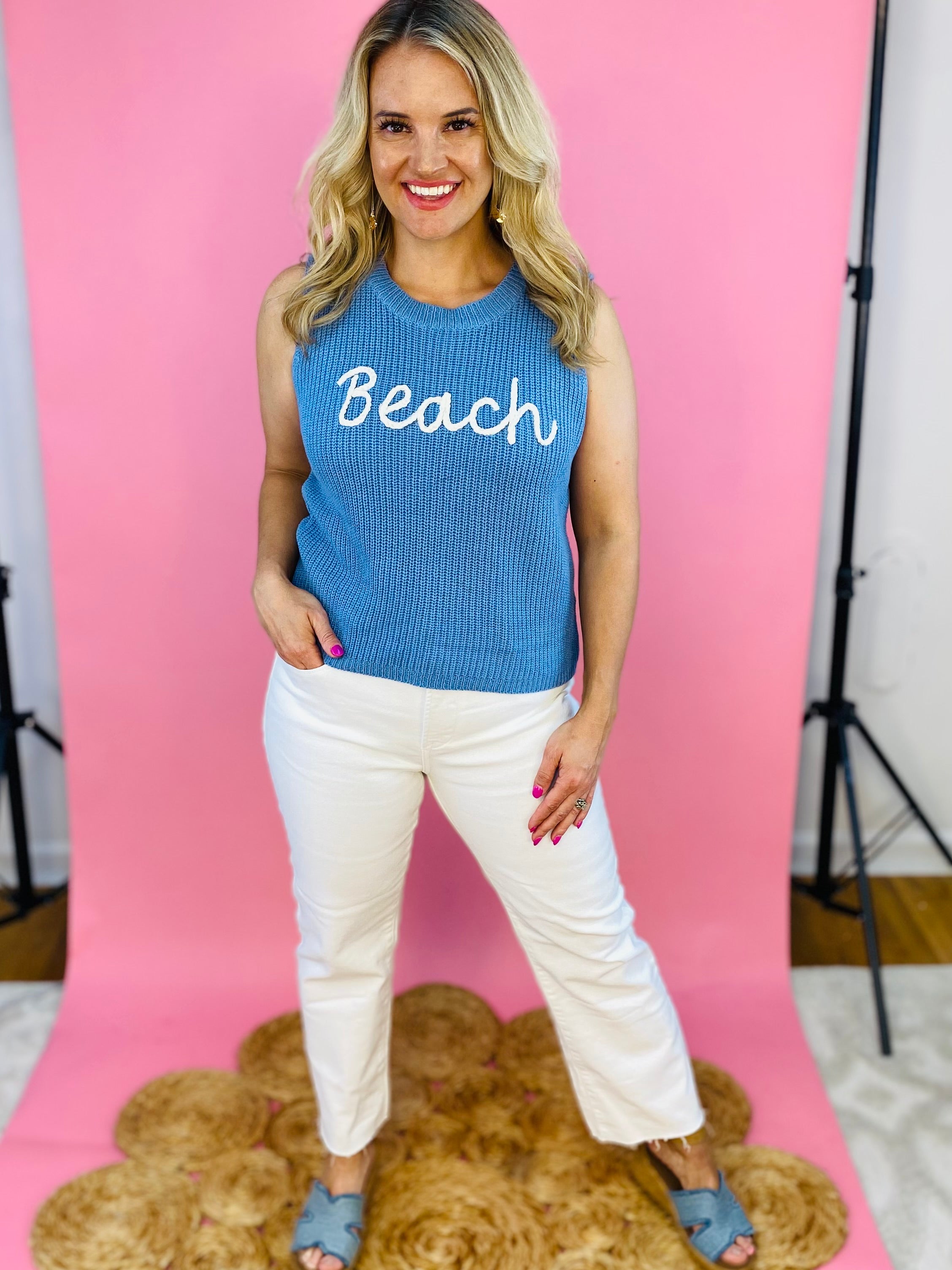 To The Beach! Tank - Blue-120 Sleeveless Tops-Doe and Rae-The Lovely Closet, Women's Fashion Boutique in Alexandria, KY