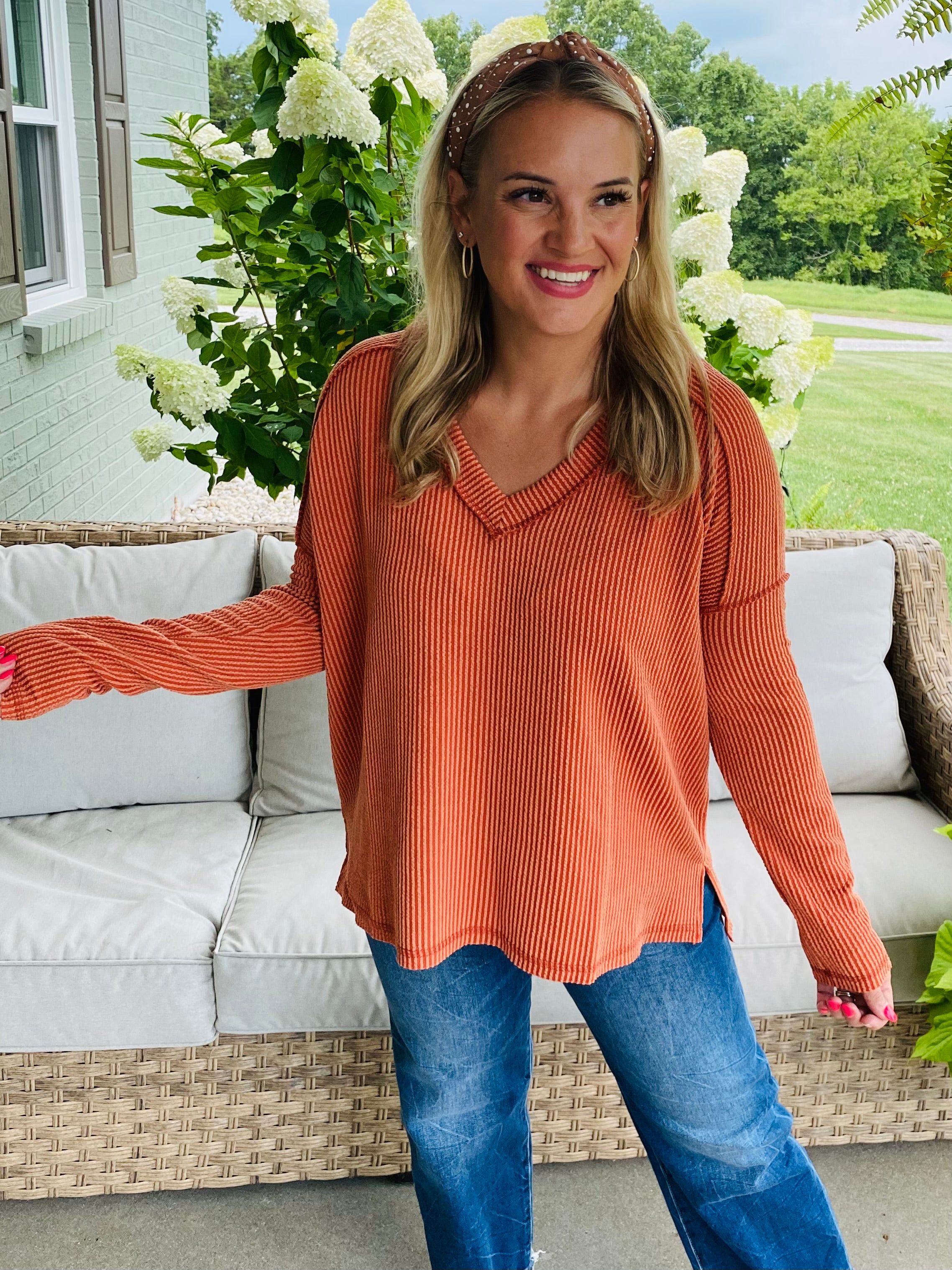 Autumn Days Ribbed Top - Pumpkin-110 Long Sleeve Top-zenana-The Lovely Closet, Women's Fashion Boutique in Alexandria, KY