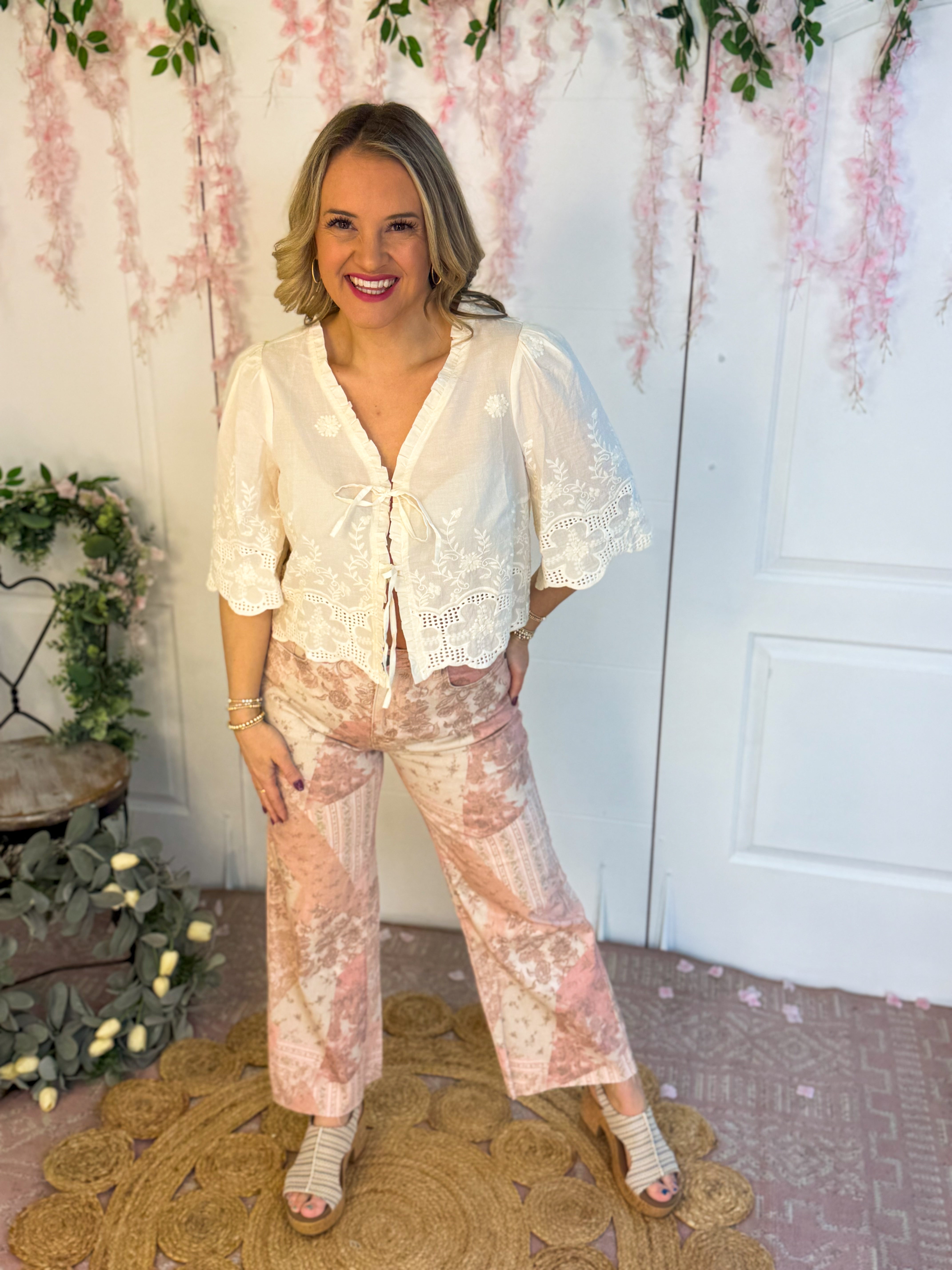 Ivory Embroidery Tie Front Blouse-100 Short Sleeve Tops-Anniewear-The Lovely Closet, Women's Fashion Boutique in Alexandria, KY