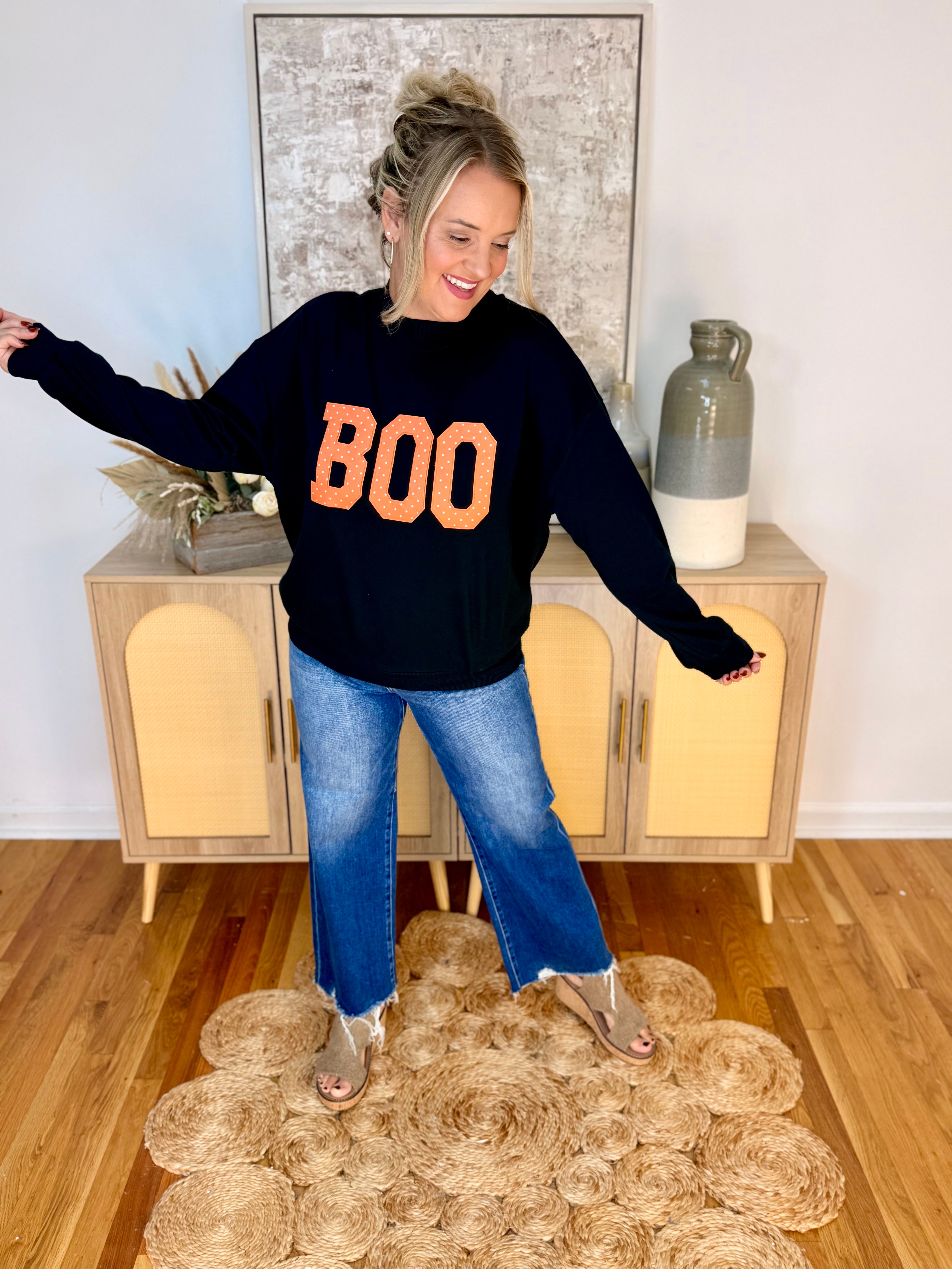 Boo Polka Dot Mock Neck Pullover-150 Sweatshirts-Kori America-The Lovely Closet, Women's Fashion Boutique in Alexandria, KY