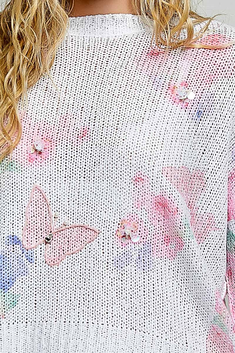 Butterfly Print Sequin Flower Knit Sweater-110 Long Sleeve Top-Pol Clothing-The Lovely Closet, Women's Fashion Boutique in Alexandria, KY