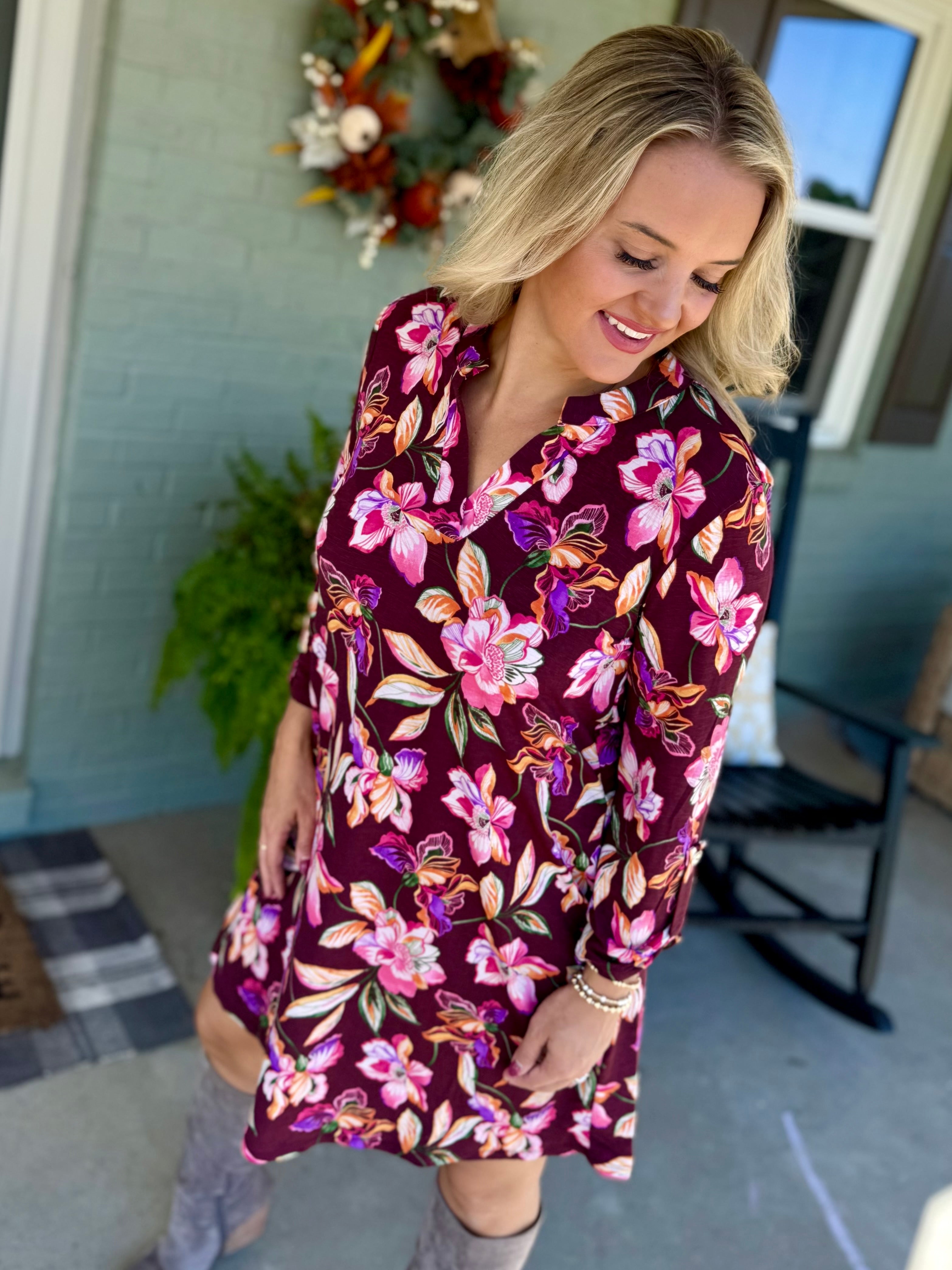 FINAL SALE - Everly Essential Dress - Deep Plum Floral Print-180 Dresses-Dear Scarlett-The Lovely Closet, Women's Fashion Boutique in Alexandria, KY
