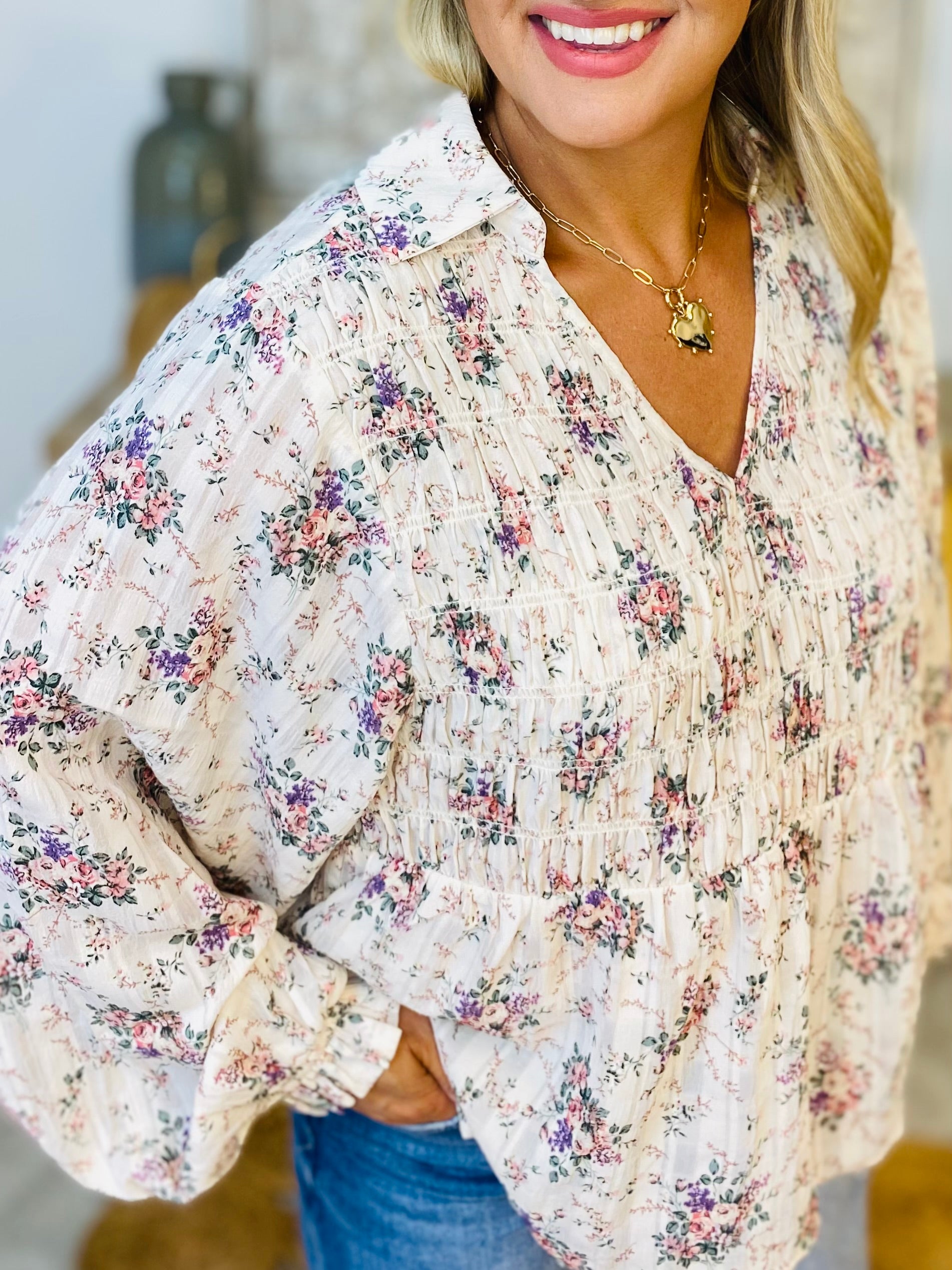 Floral Printed Woven Top-110 Long Sleeve Top-bibi-The Lovely Closet, Women's Fashion Boutique in Alexandria, KY