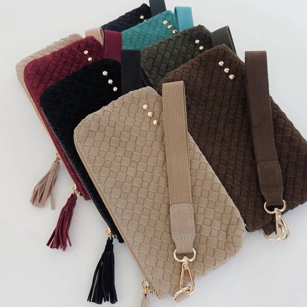 Suede Emma Woven Clutch Wristlet: Olive-crossbody/wristlet-Pretty Simple-The Lovely Closet, Women's Fashion Boutique in Alexandria, KY