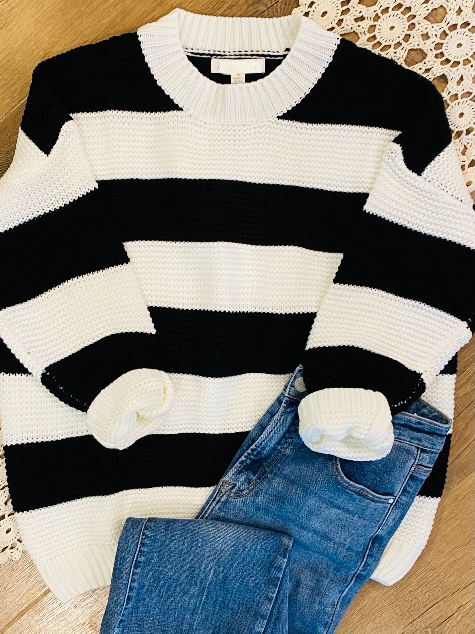 Color-Block Stripe Knit Sweater - Black/Ivory-999 History-Vine & Love-The Lovely Closet, Women's Fashion Boutique in Alexandria, KY